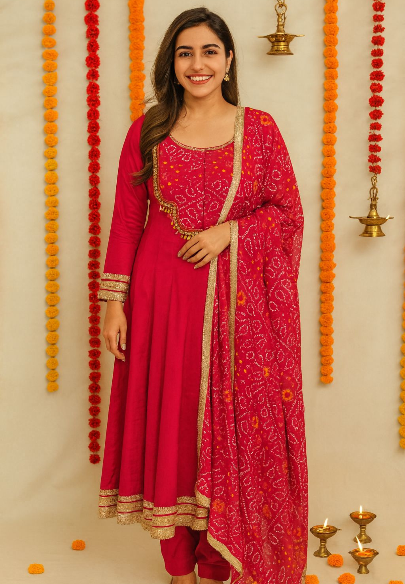 Beads Embroidered Beautiful Bandani Print Yoke Cotton Anarkali Full Suit Set- 11325, 11326