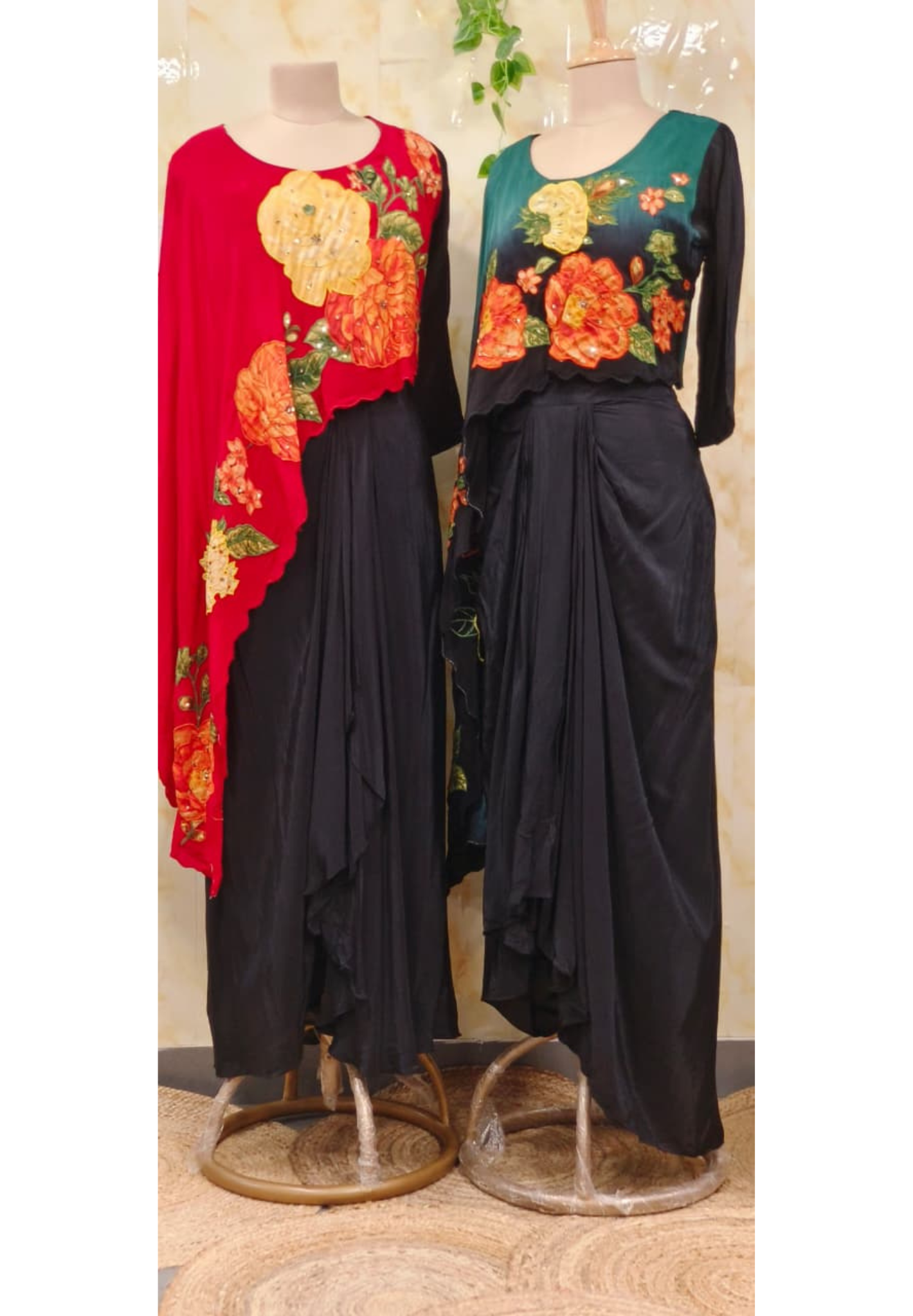 Blooming Floral Patch High Low Outer Attached Top With Drape Skirt In Crepe Fabric- 11291