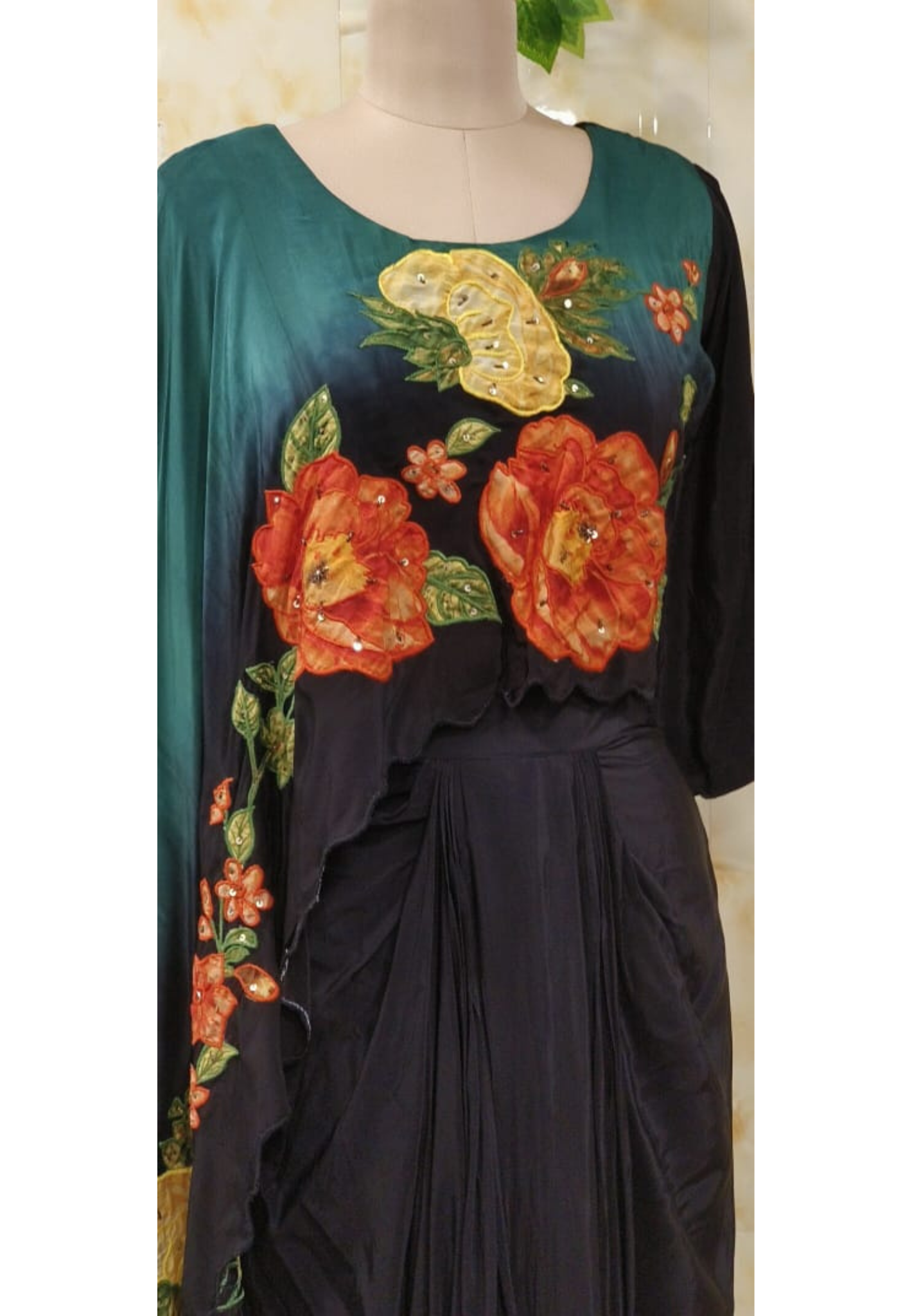 Blooming Floral Patch High Low Outer Attached Top With Drape Skirt In Crepe Fabric- 11291