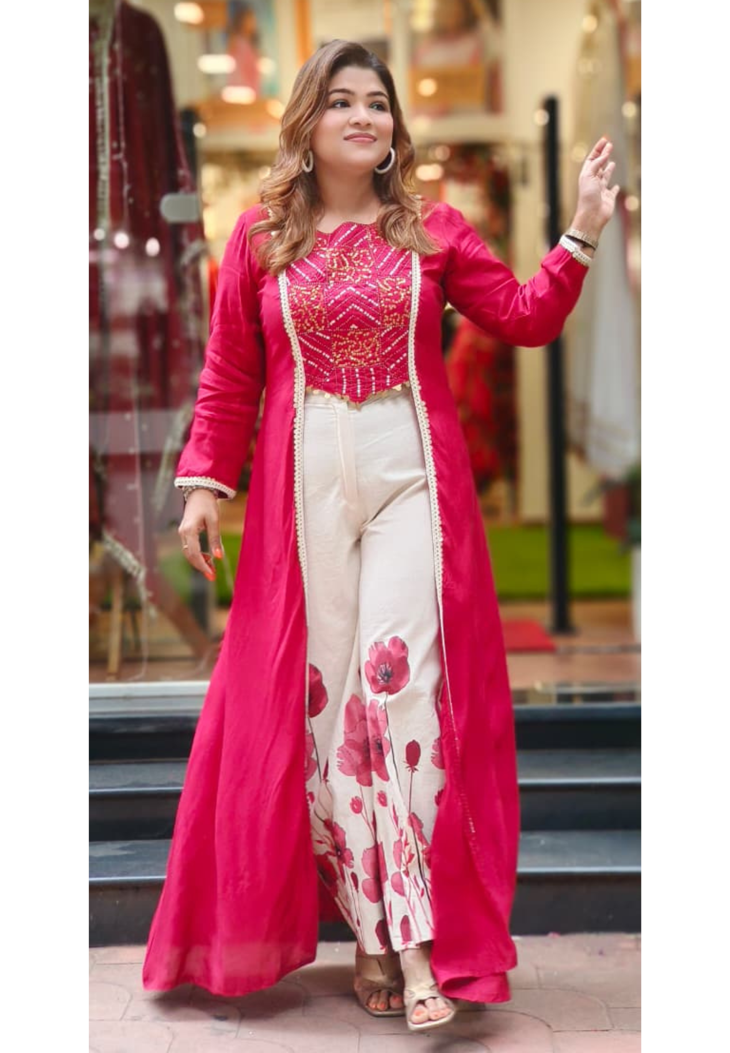 Foil Work With Tassel Buster With Shrug Look Long Kurta With Floral Printed Bottom In Slub Cotton Fabric-11034,11035