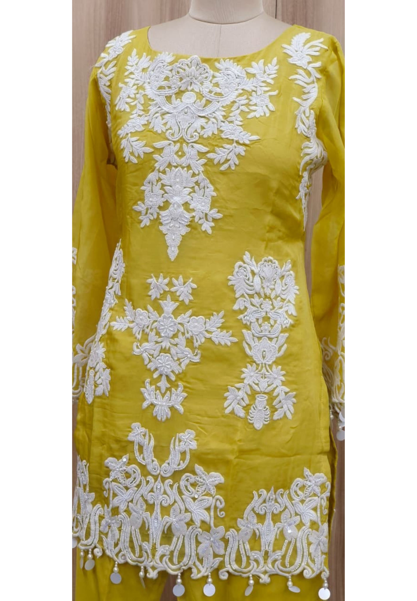 Thread Embroidery With Squin & Pearl Work Tassel Hang Kurta Pant Set- 10047