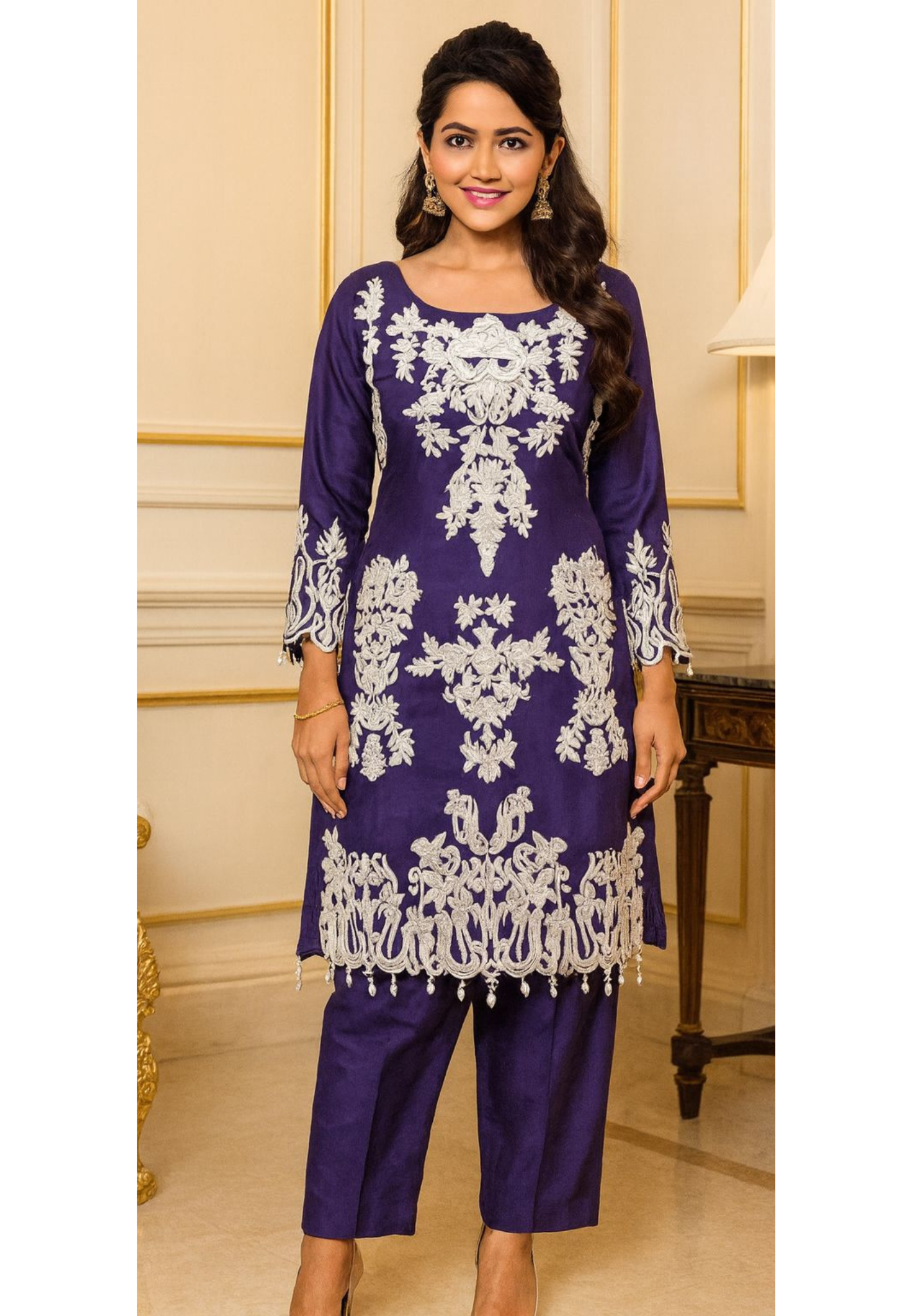 Thread Embroidery With Squin & Pearl Work Tassel Hang Kurta Pant Set- 10047