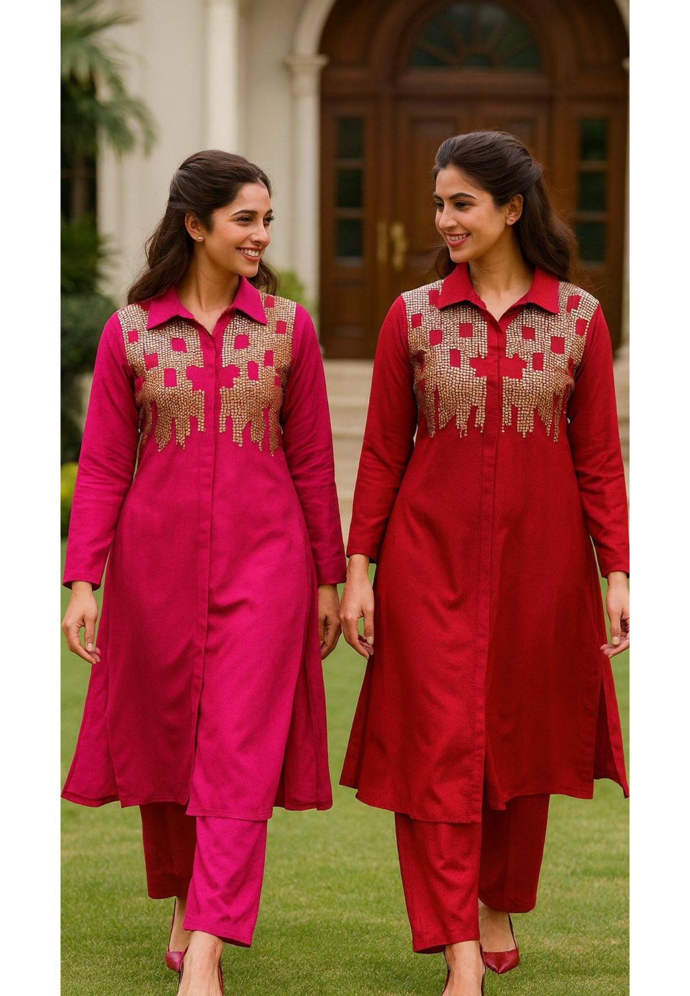 Foil Attach Work Collared Solid Full Sleeve High & Low A-Line Kurta Pant Set In Georgette Fabric- 11264