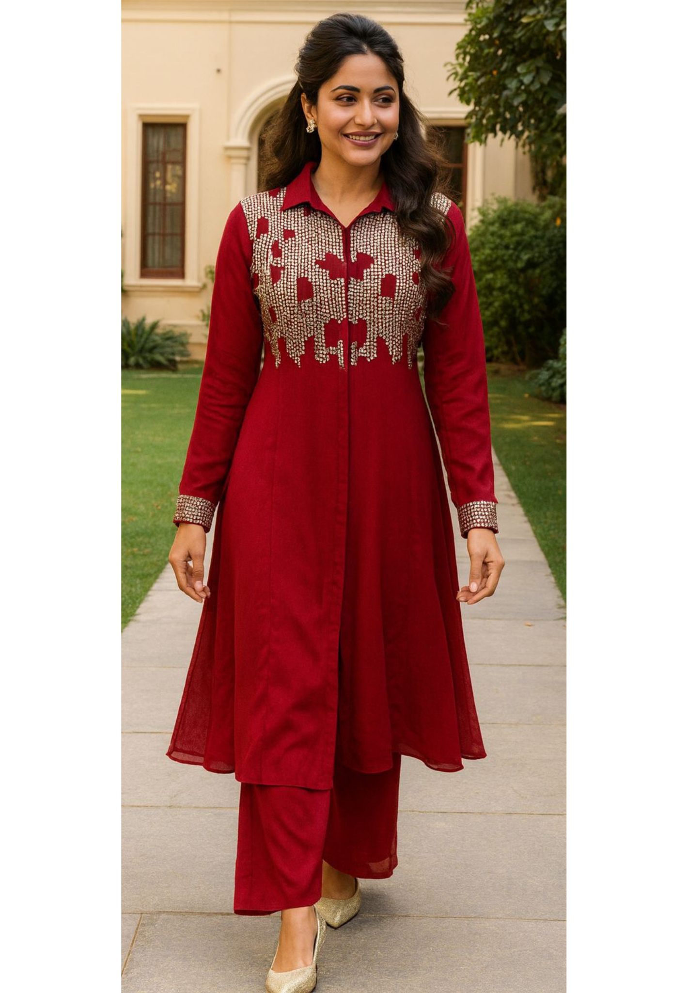 Foil Attach Work Collared Solid Full Sleeve High & Low A-Line Kurta Pant Set In Georgette Fabric- 11264