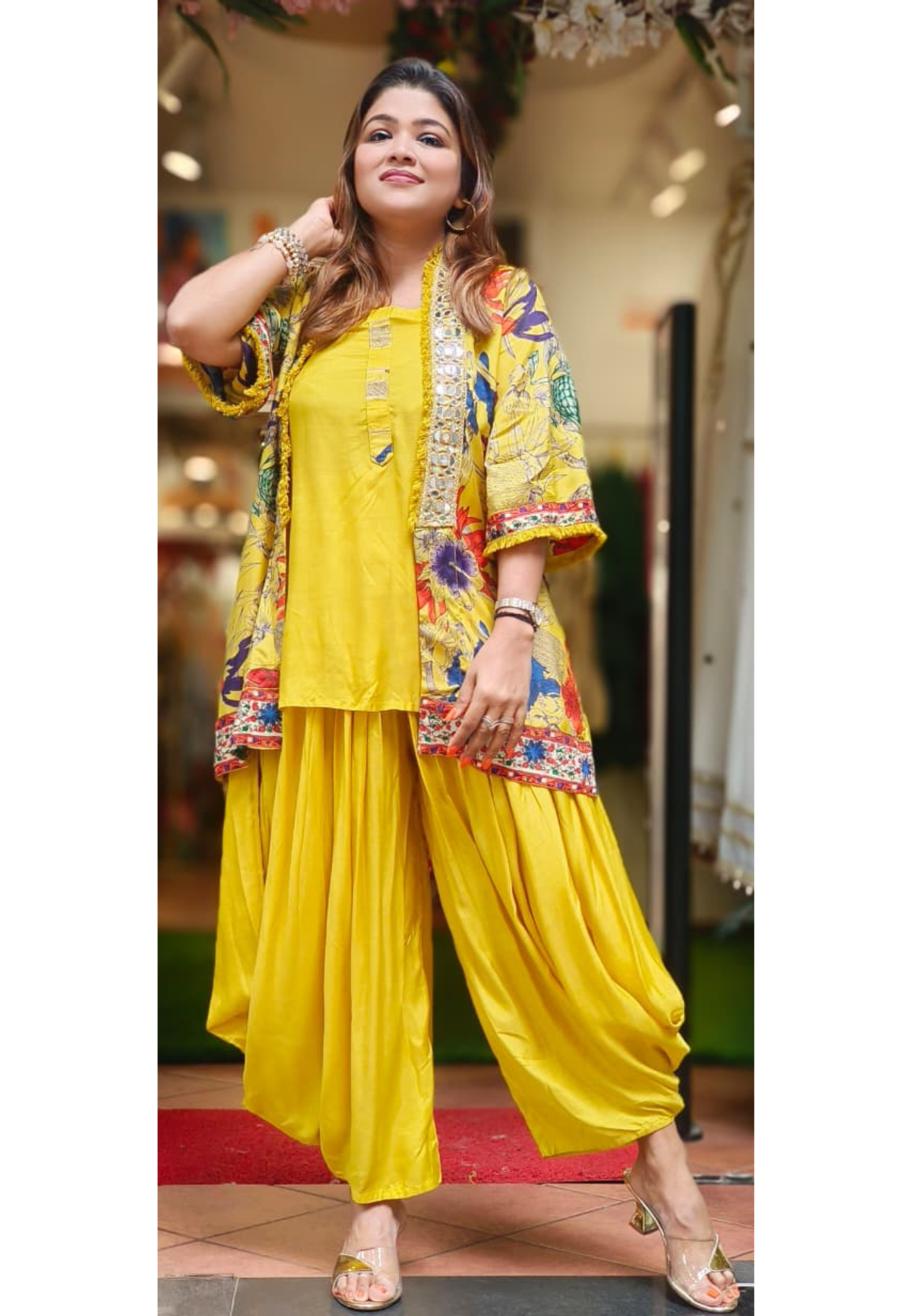 Real Mirror Elegance Kurta With Harem Pant & Floral Printed Jacket In Muslin Fabric- 11040