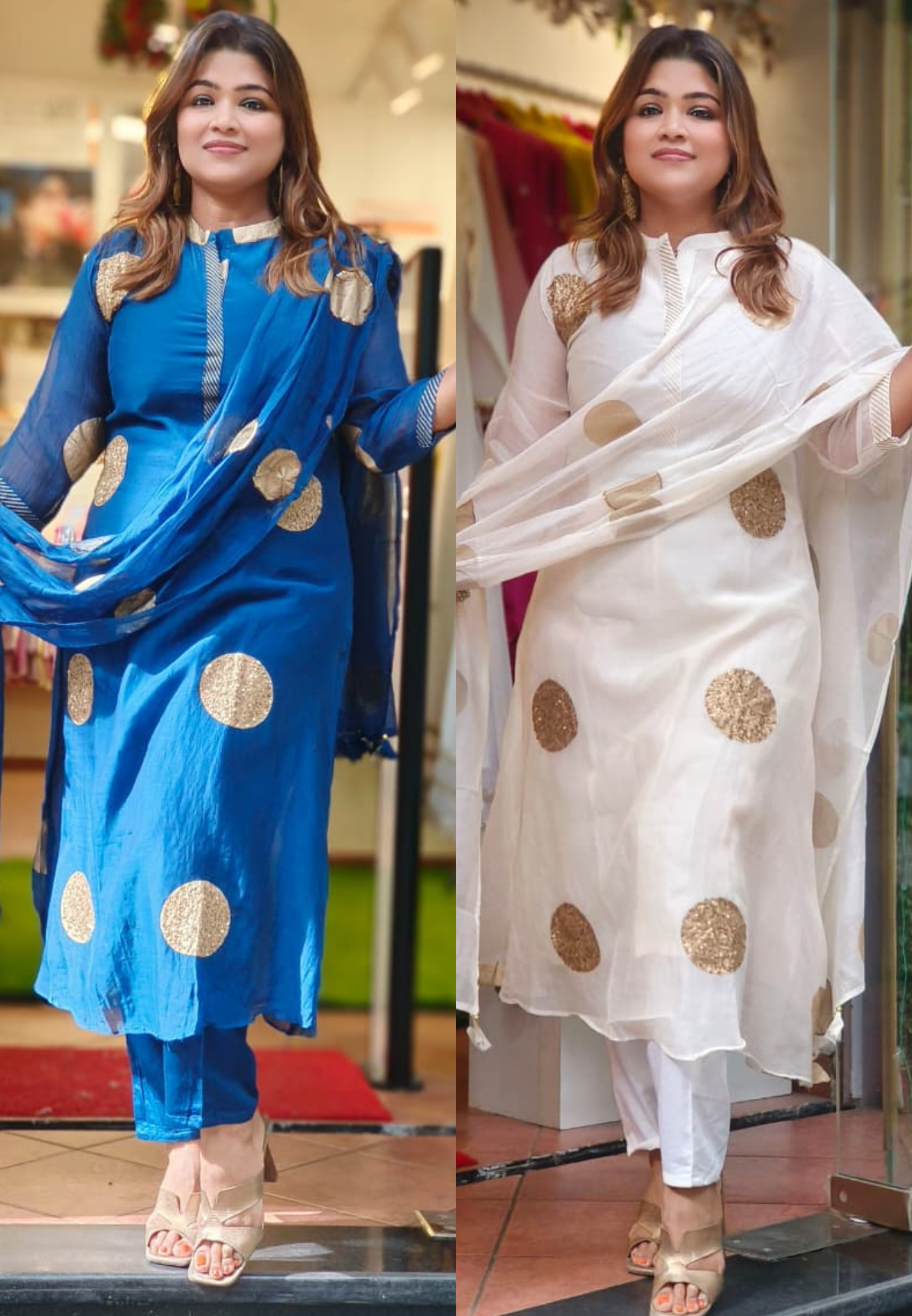 Polka Golden Foil Touch A-Line Full Suit Set With Dupatta In Mul Chanderi Fabric- 11351, 11352