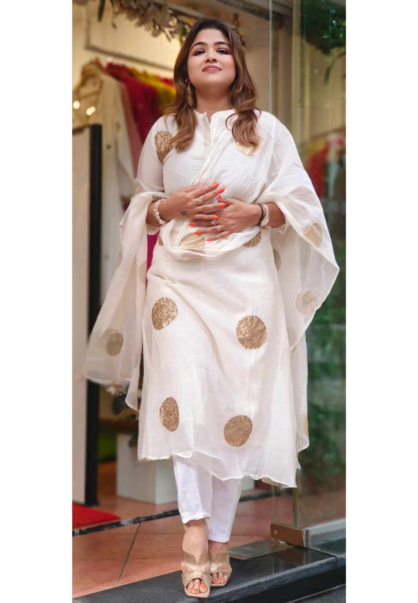 Polka Golden Foil Touch A-Line Full Suit Set With Dupatta In Mul Chanderi Fabric- 11351, 11352
