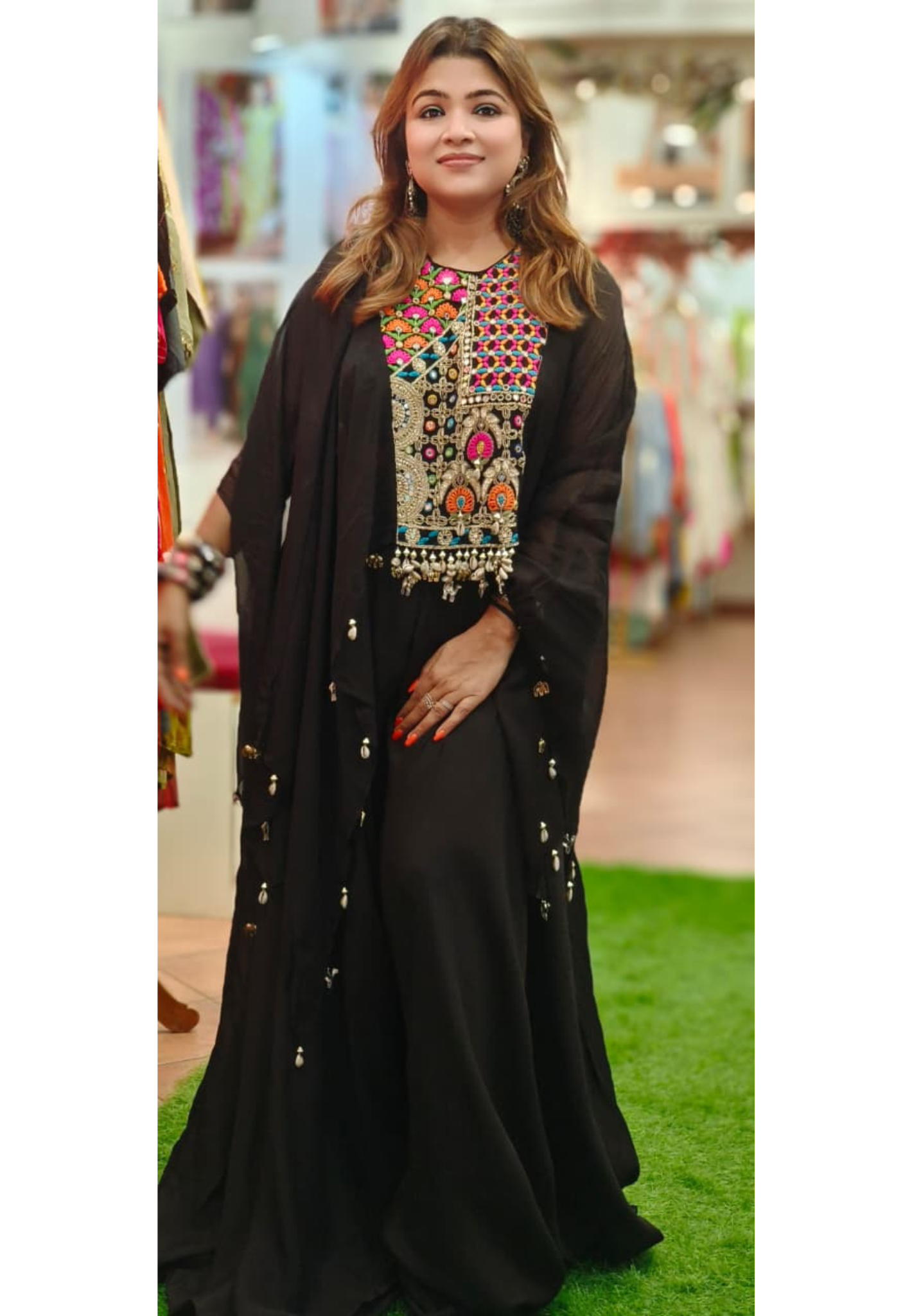 Elegant Black & Royal Blue Hand-Embroidered Mirror & Thread Work Yoke Georgette Designer Bustier with Palazzo & Embroidered Cape-Style Overlay