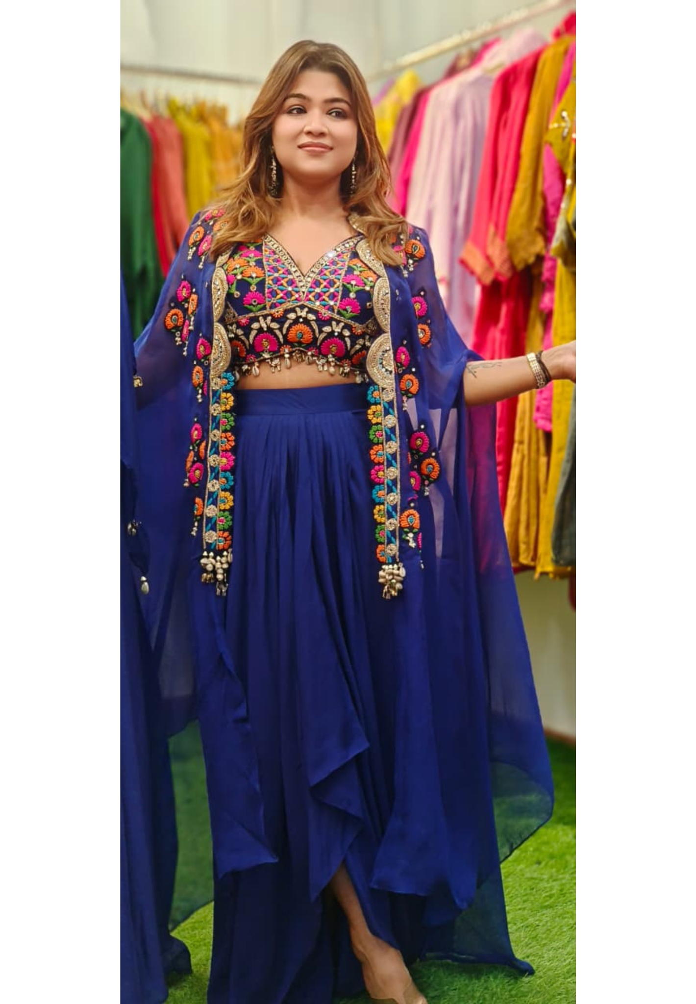 Royal Blue Crepe Skirt Set with Hand-Embroidered Multicolor Mirror Work Bustier & Flowing Embroidered Jacket