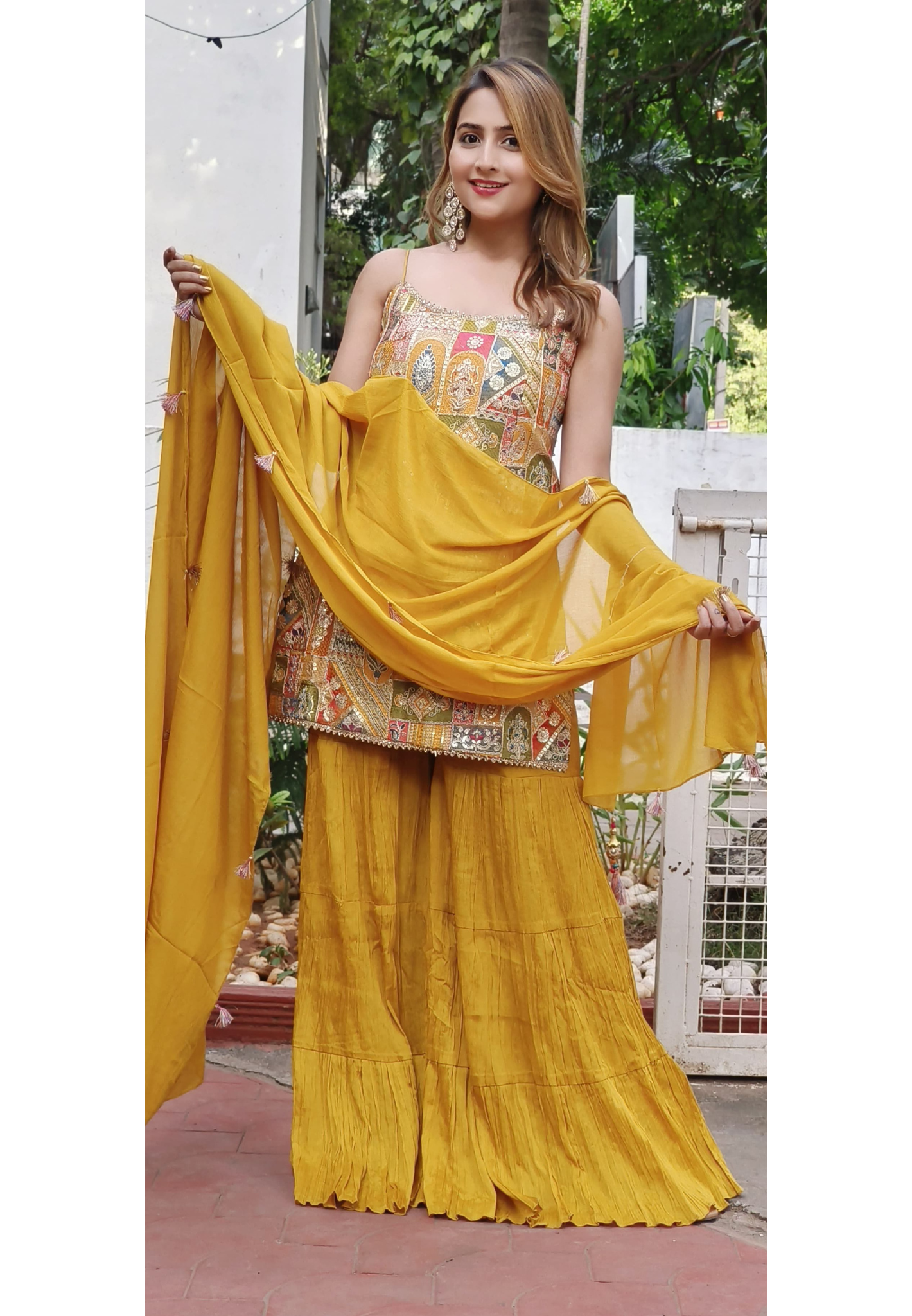 Stone Neck Work Gotta Zari Foil Touch Multicolor Designed Sleeveless Paneled Sharara Suit With Dupatta In Chinon Fabric