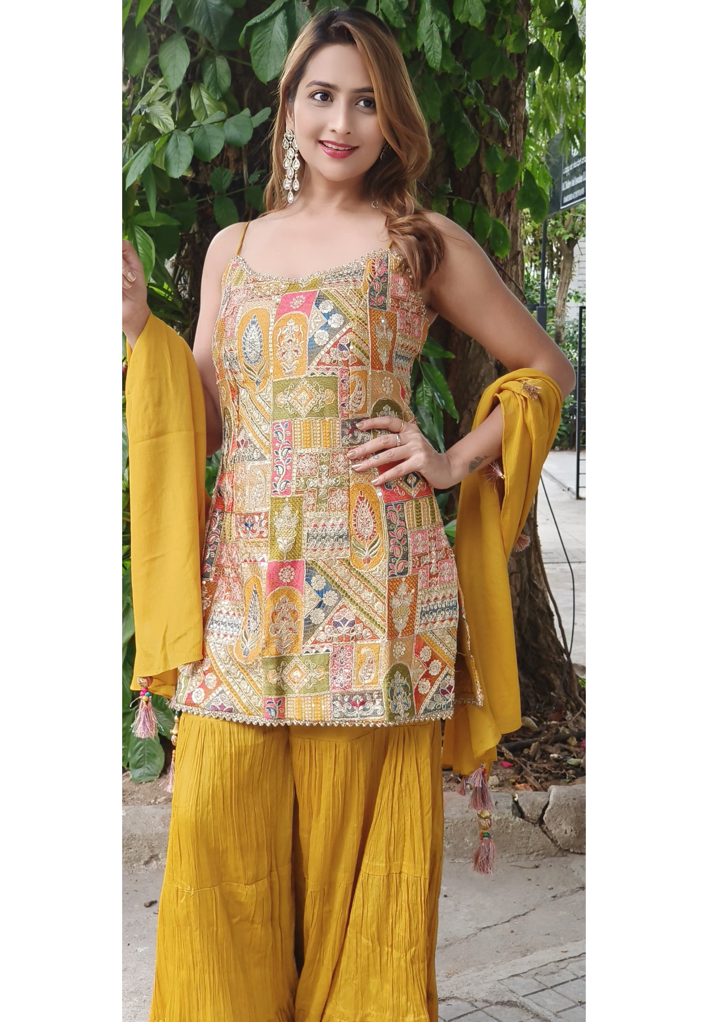 Stone Neck Work Gotta Zari Foil Touch Multicolor Designed Sleeveless Paneled Sharara Suit With Dupatta In Chinon Fabric