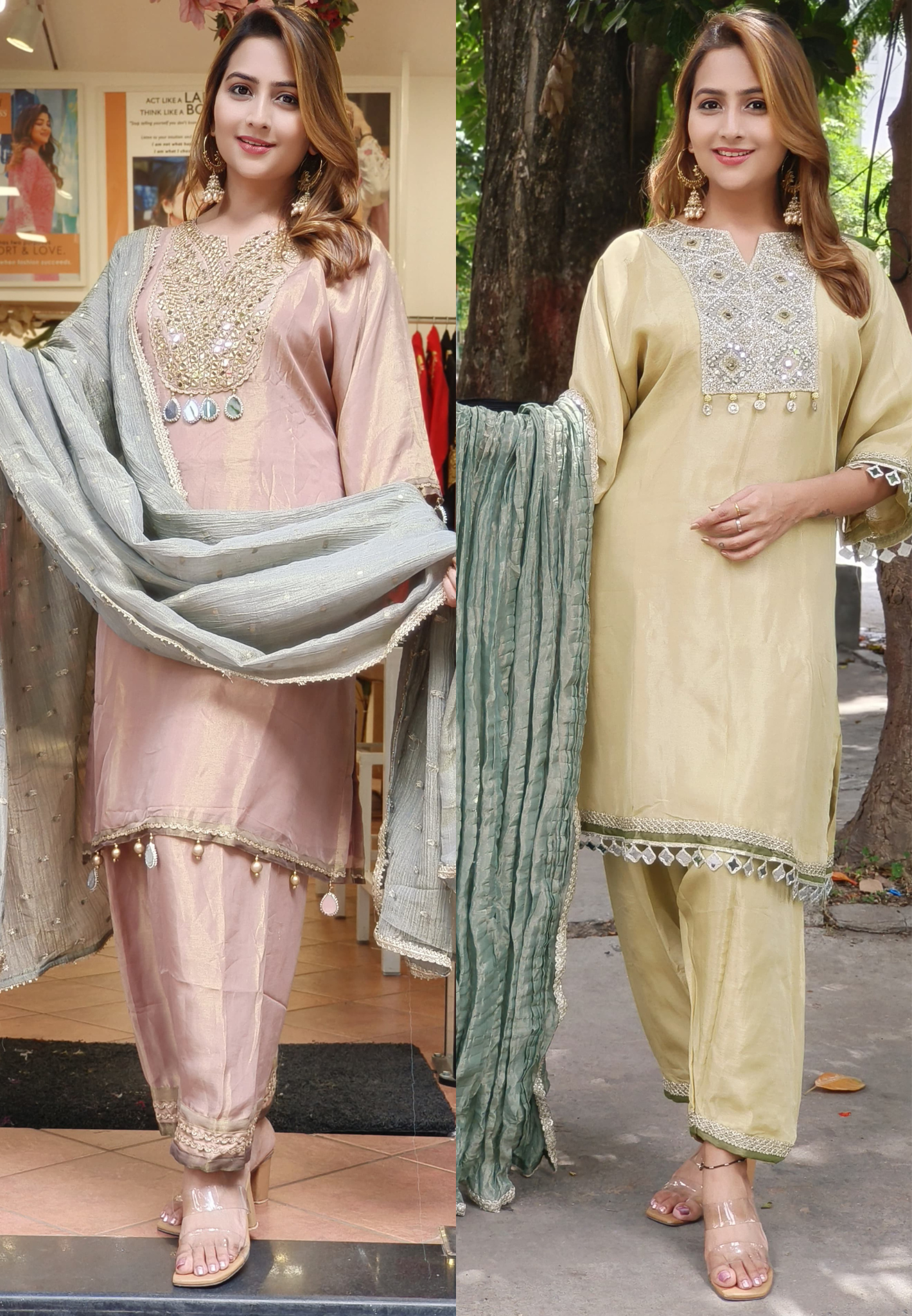 Shimmery Yoke Real Mirror Tassel Full Suit Set With Dupatta In Tissue Fabric