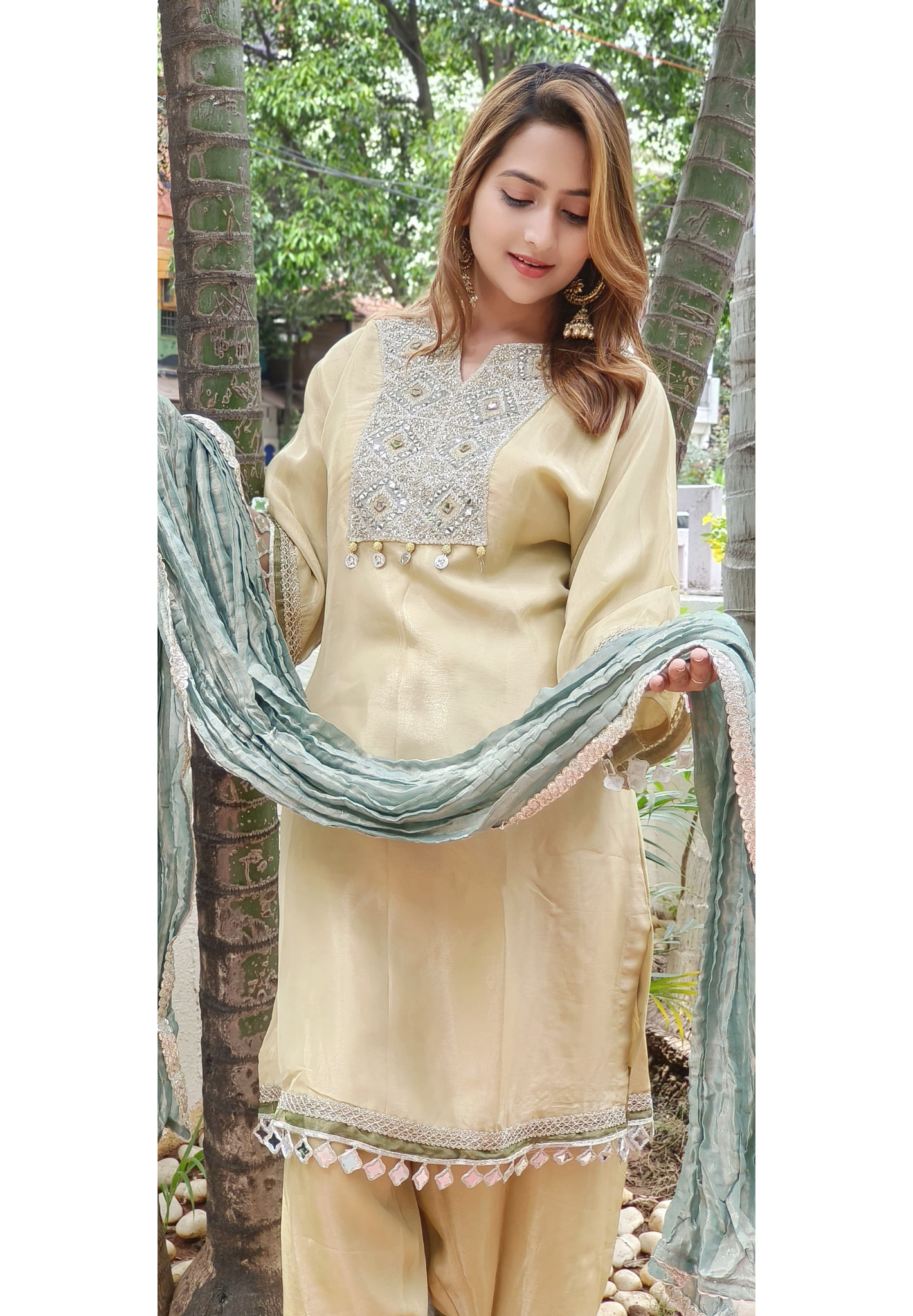 Shimmery Yoke Real Mirror Tassel Full Suit Set With Dupatta In Tissue Fabric