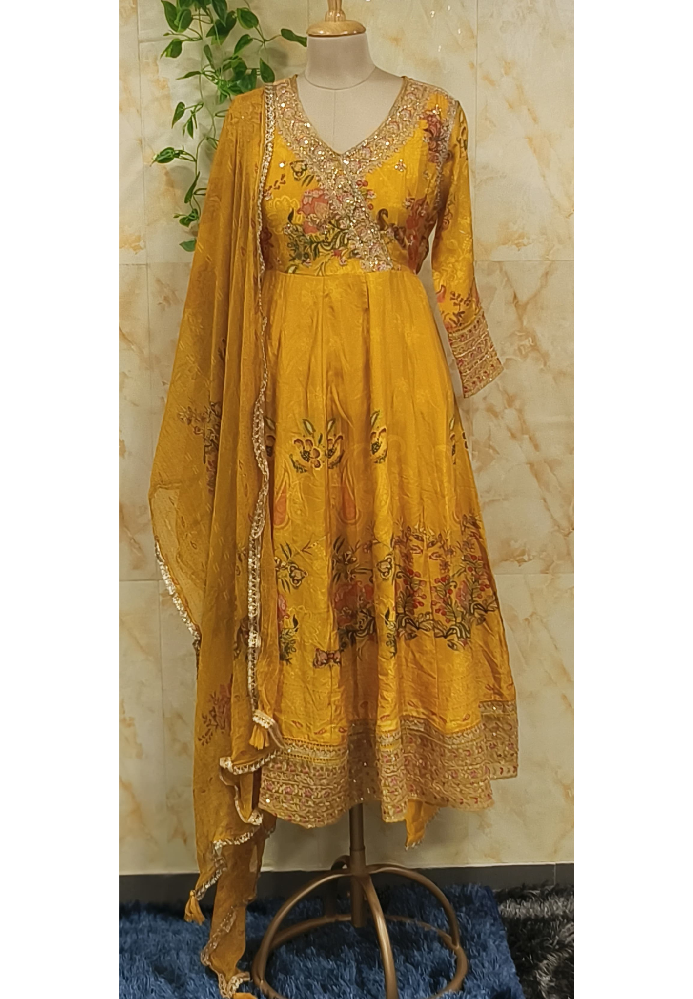 Bordered Angrakha Floral Printed Silk Anarkali Suit With Dupatta (No Bottom)
