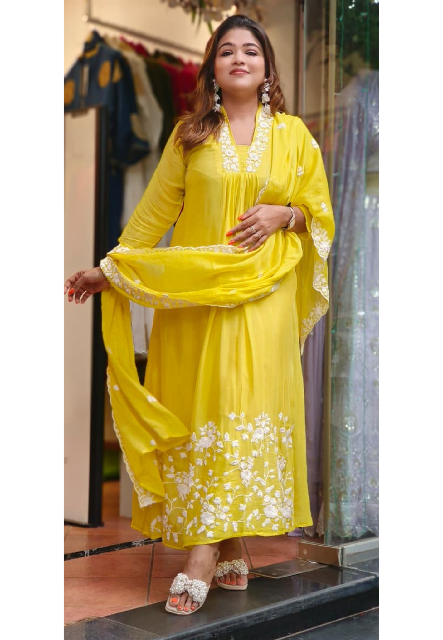 Floral Thread Embroidered Unique Neck A-Line Full Suit Set With Dupatta In Chinon Fabric- 11223