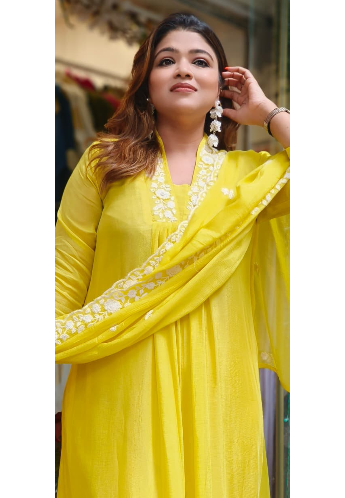 Floral Thread Embroidered Unique Neck A-Line Full Suit Set With Dupatta In Chinon Fabric- 11223
