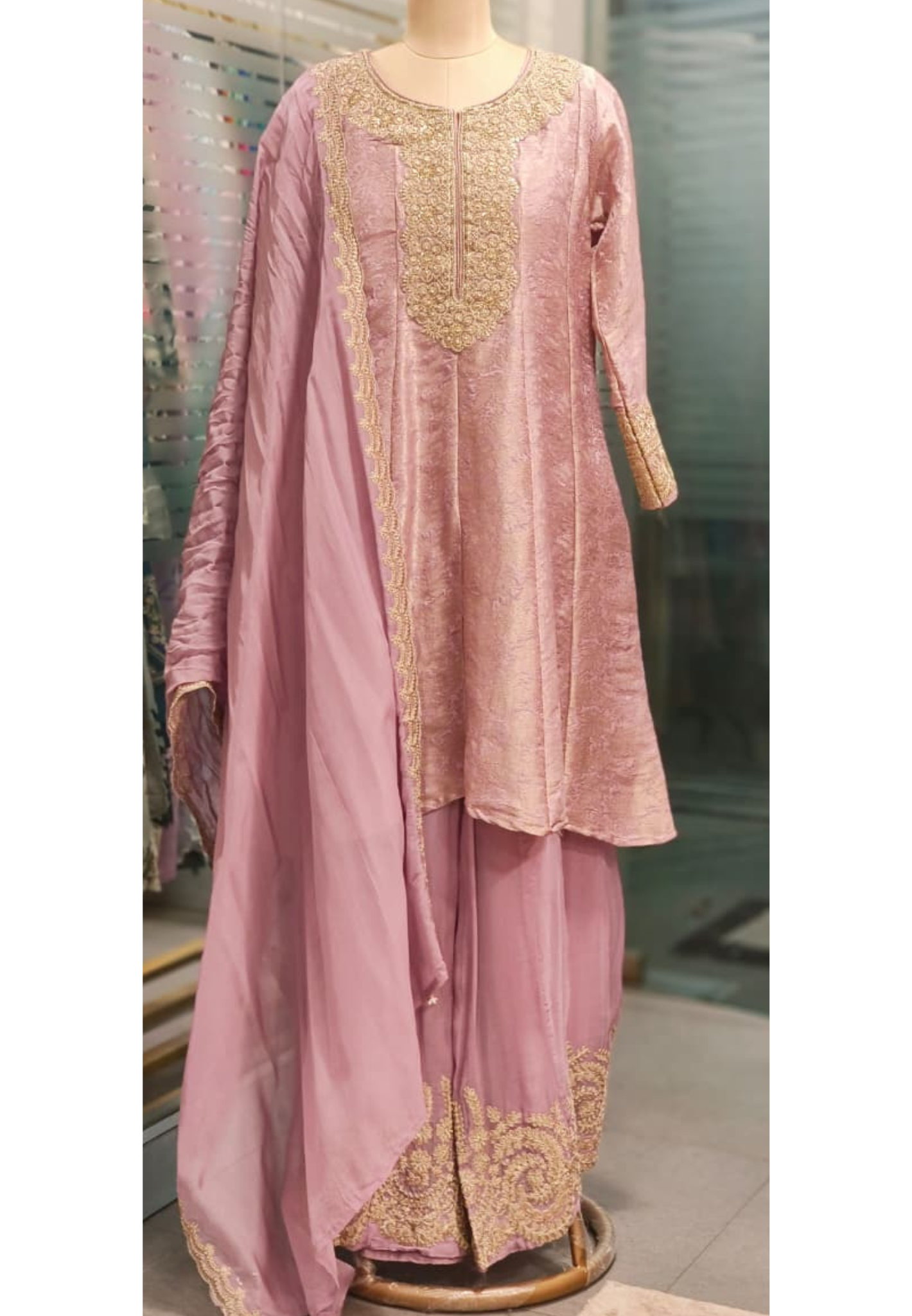 Zardosi Work Brocade Short Length Panel Anarkali With Loose Palazzo Work Bottom & Bordered Dupatta- 11226
