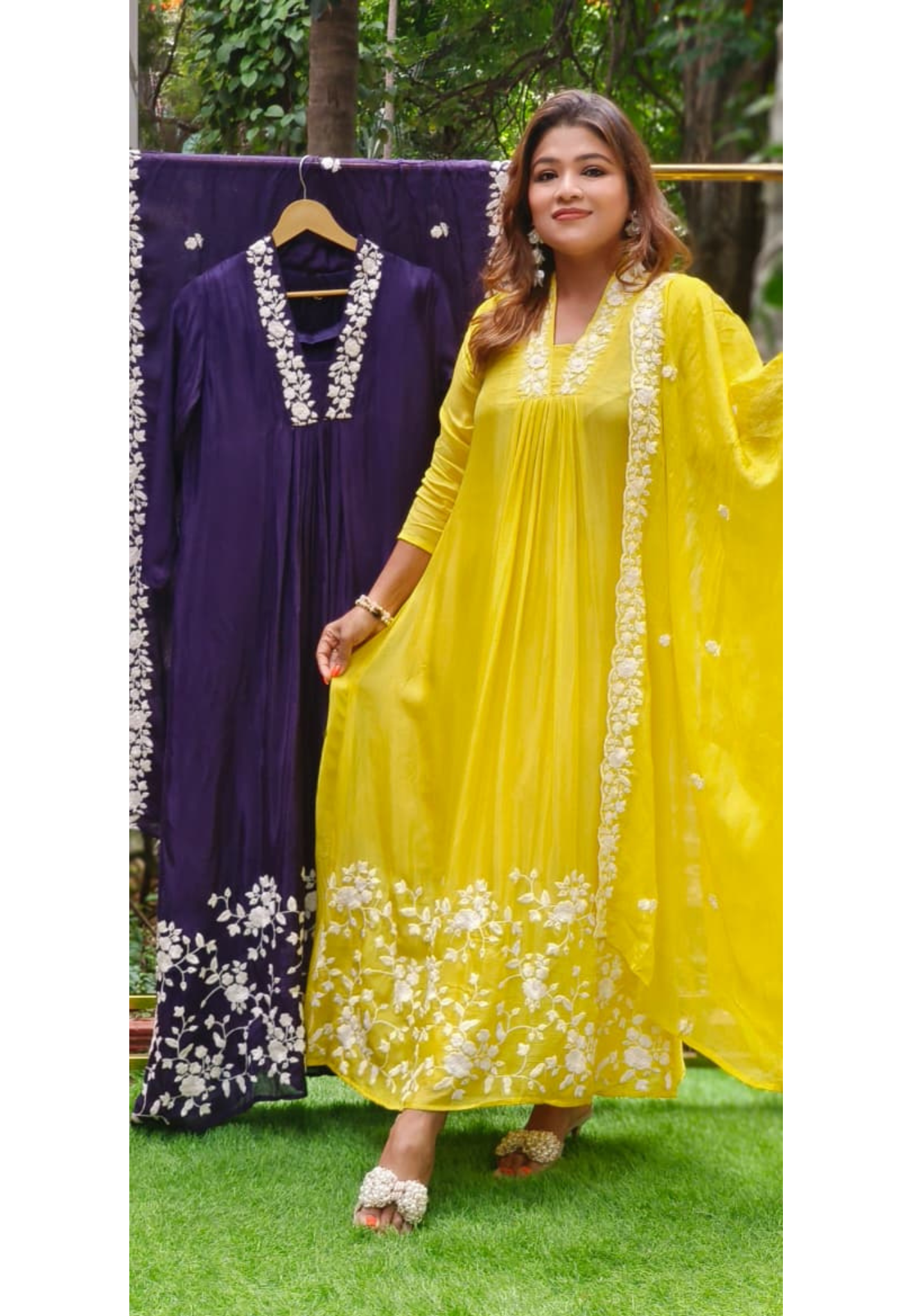 Floral Thread Embroidered Unique Neck A-Line Full Suit Set With Dupatta In Chinon Fabric- 11223