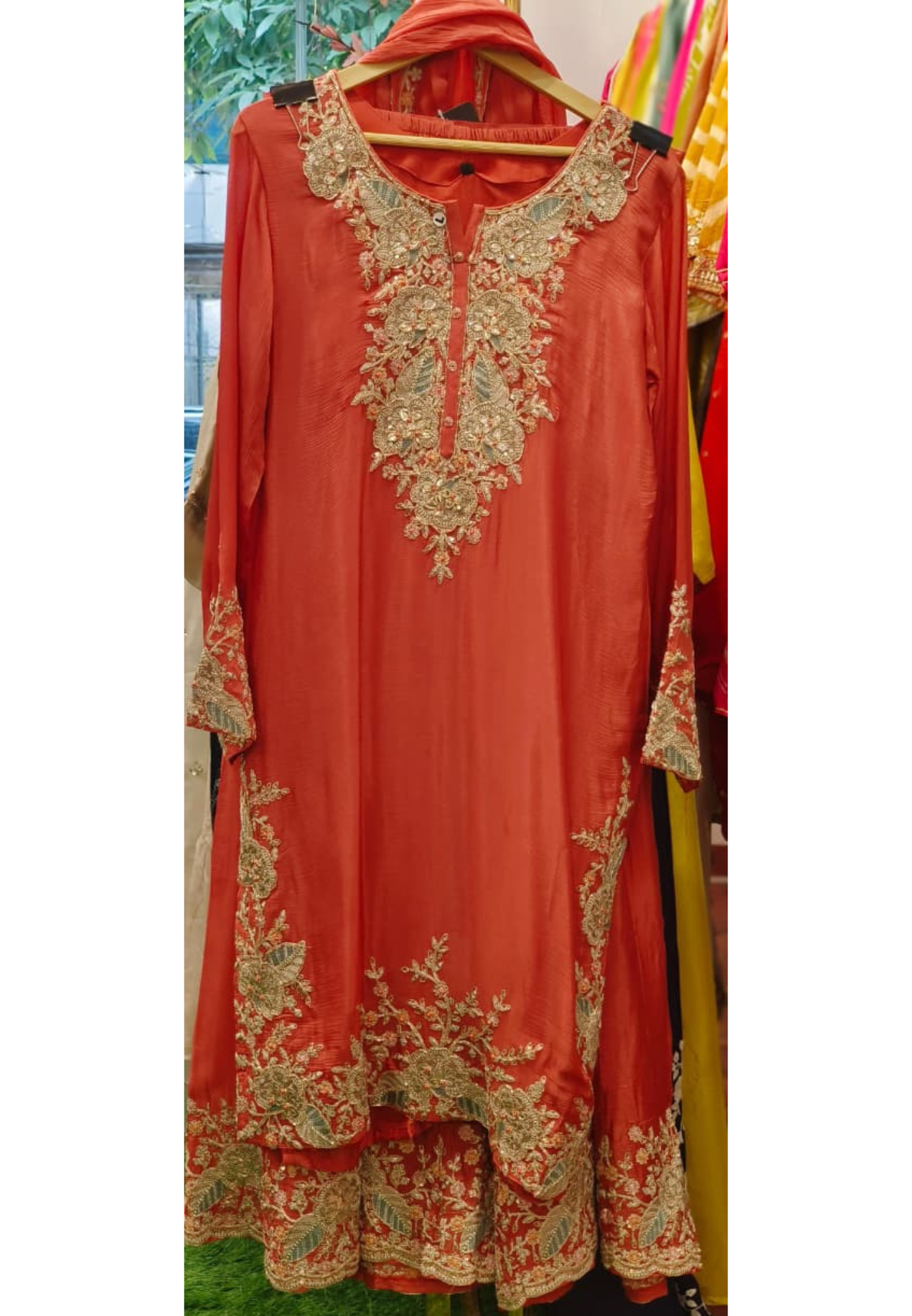 Rustic Charm Minimal Hand With Machine Work Full Suit Set With Dupatta & Loose Panel Palazzo Bottom In Chinon Fabric