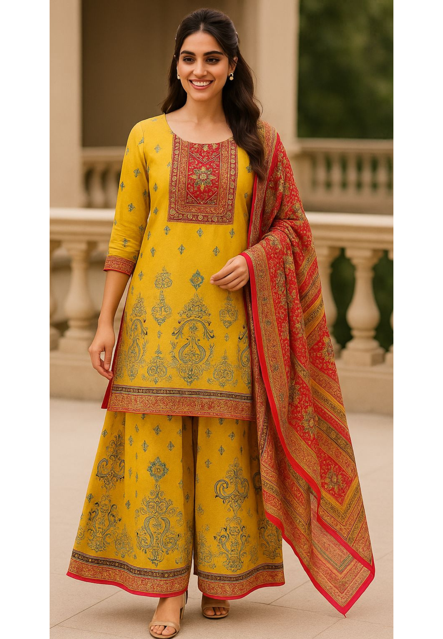 Mustard Elegance Block Yoke Printed Full Suit Set With Dupatta & Loose Palazzo Bottom In Crepe Fabric