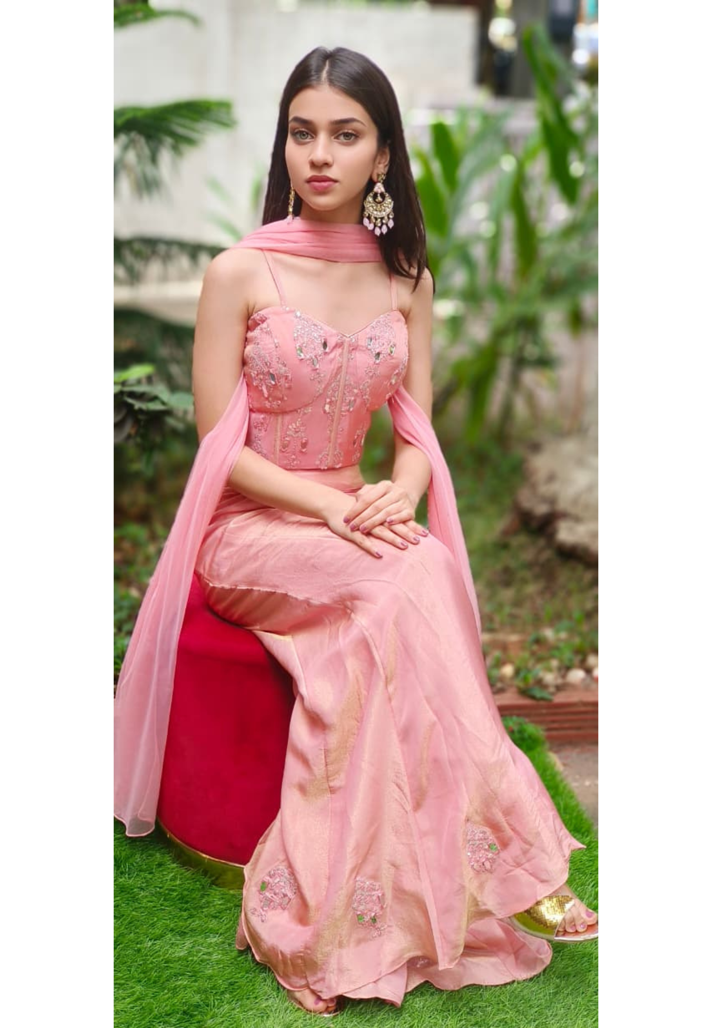 Gleam Blossom Real Mirror Elegance Sleeveless Bustered Top With Panel Loose Palazzo Bottom & Dupatta In Tissue Fabric(DISPATCHING AFTER 25 DAYS ON ORDERS EXCEPT FOR 38 SIZE)