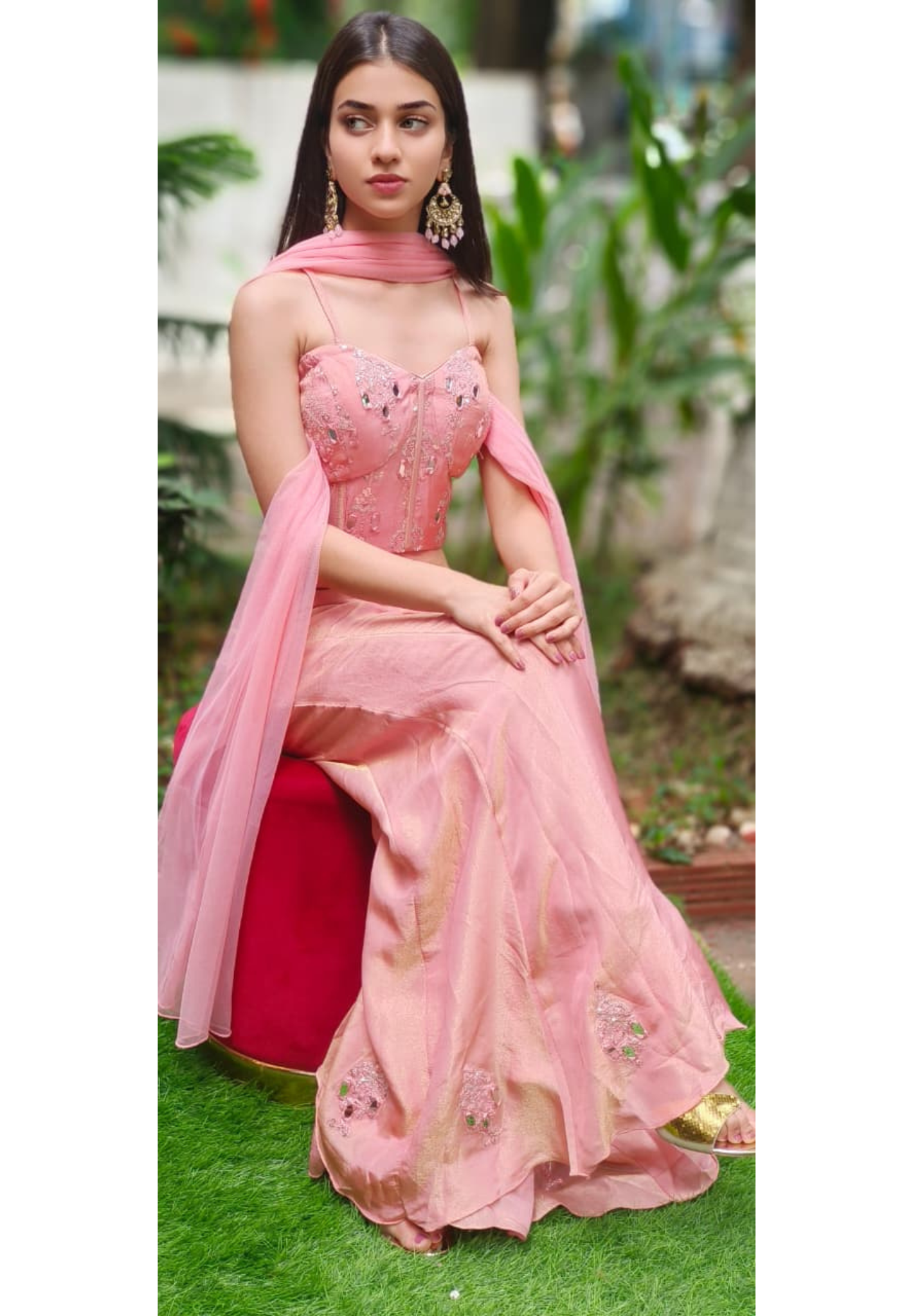 Gleam Blossom Real Mirror Elegance Sleeveless Bustered Top With Panel Loose Palazzo Bottom & Dupatta In Tissue Fabric(DISPATCHING AFTER 25 DAYS ON ORDERS EXCEPT FOR 38 SIZE)