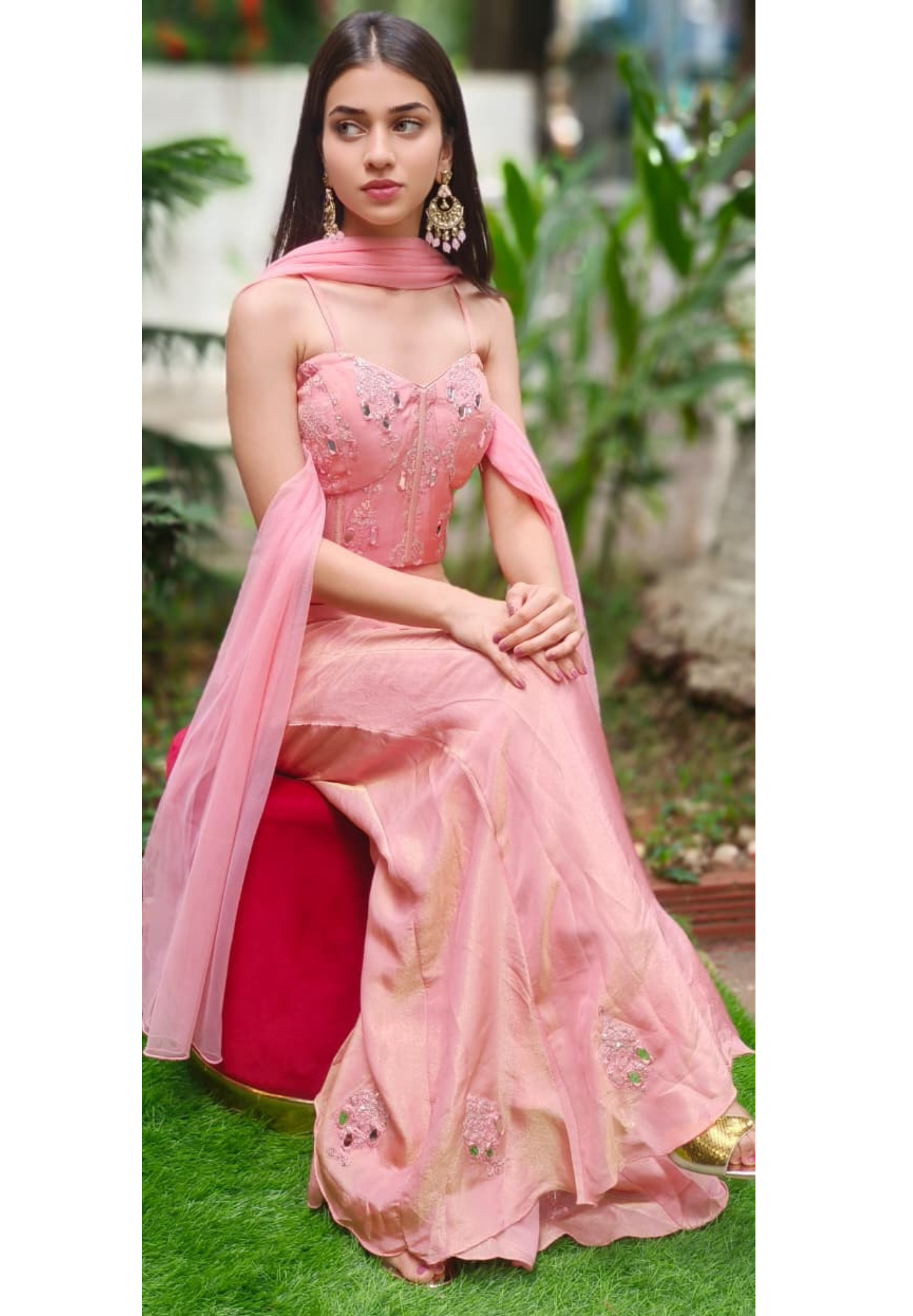 Gleam Blossom Real Mirror Elegance Sleeveless Bustered Top With Panel Loose Palazzo Bottom & Dupatta In Tissue Fabric(DISPATCHING AFTER 25 DAYS ON ORDERS EXCEPT FOR 38 SIZE)