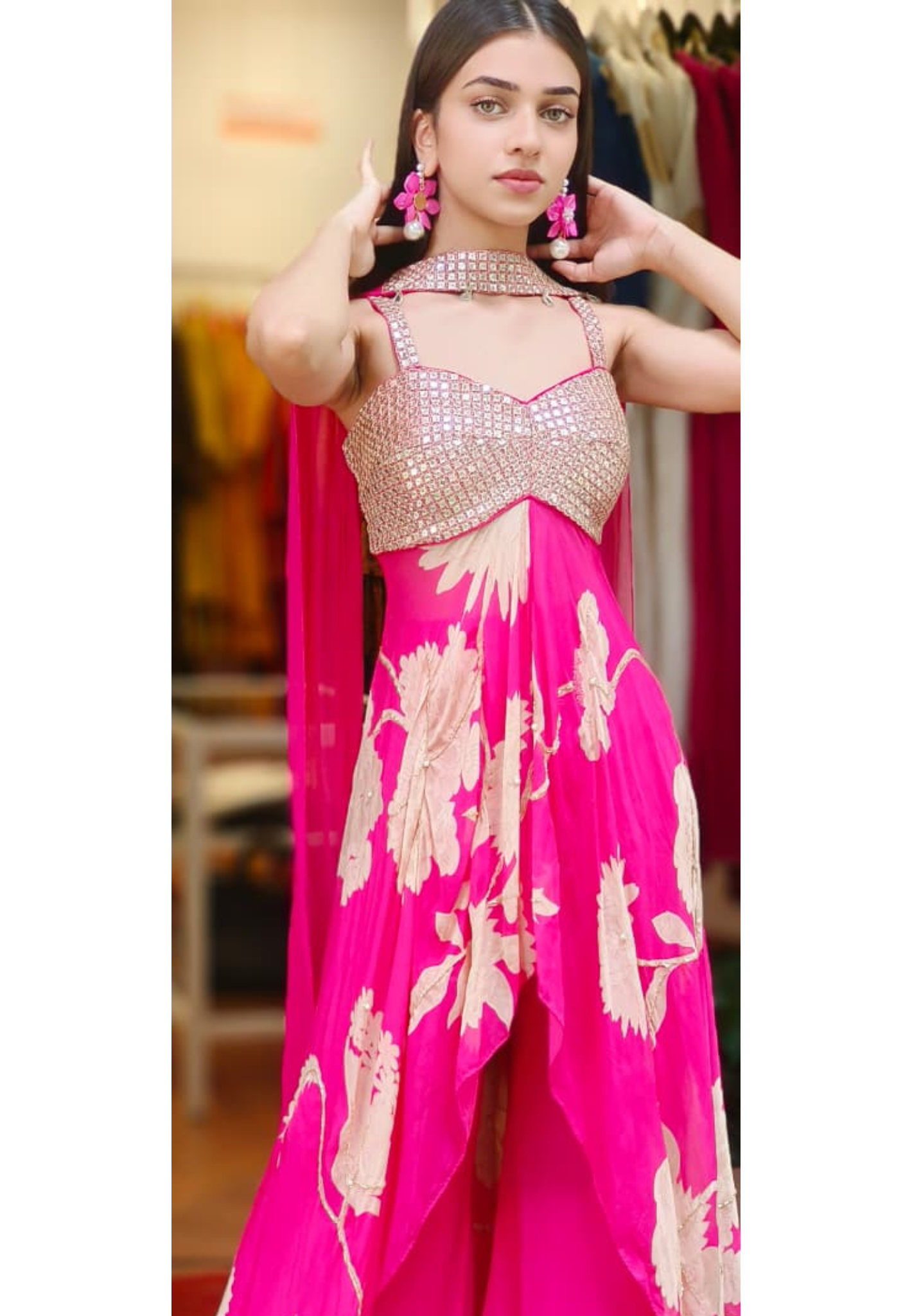 Foil Work Ensemble Petal Glow Party Wear High-Low Buster Look Kurta With Loose Palazzo Flared Bottom In Organza Fabric (DISPATCHING AFTER 25 DAYS ON ORDERS EXCEPT FOR 38 SIZE)