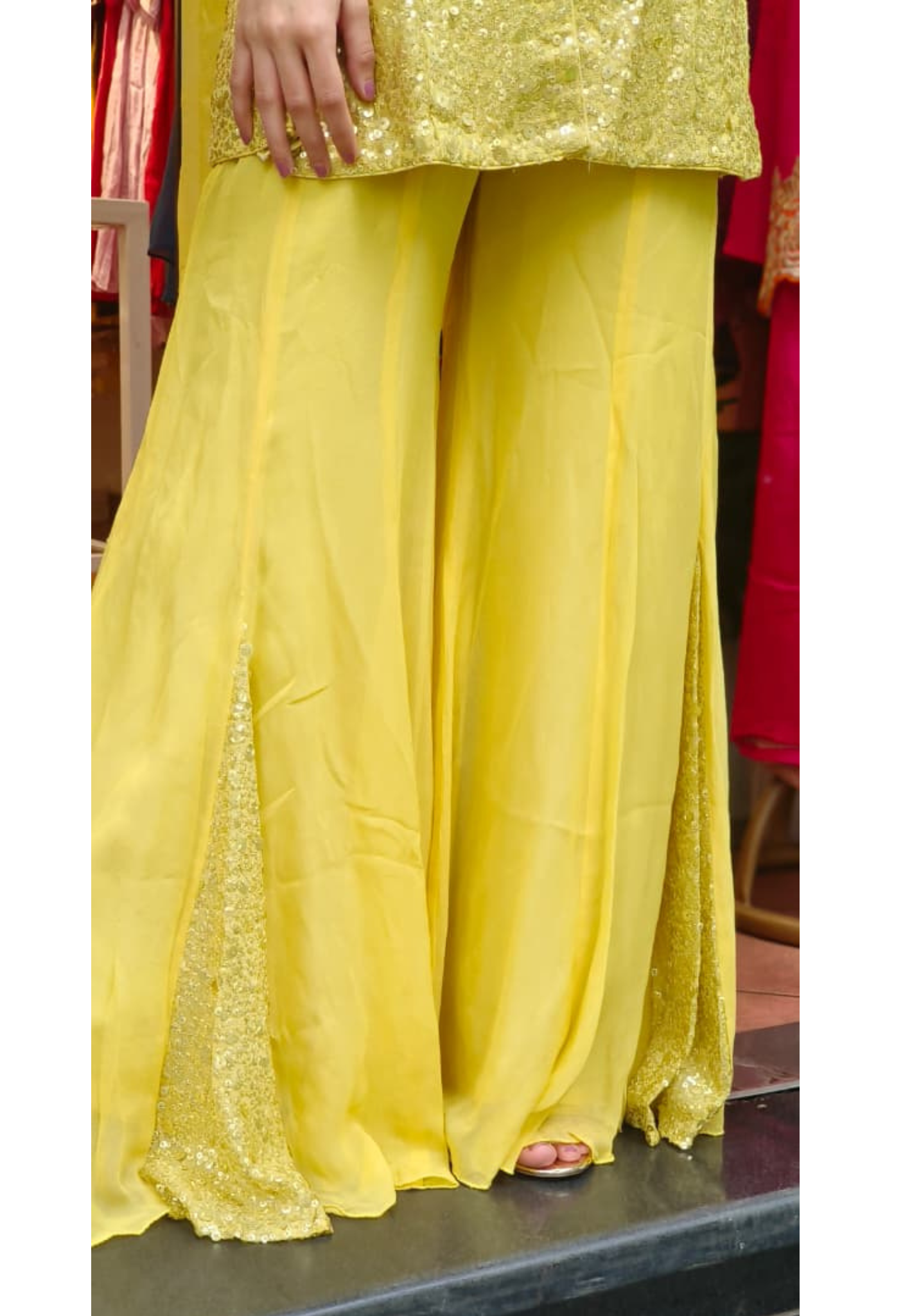 Sequin Work Sunshine Glow Sleeveless Short Kurta With Front Slit & Loose Palazzo Flared Bottom & Dupatta (DISPATCHING AFTER 25 DAYS ON ORDERS EXCEPT FOR 38 SIZE)