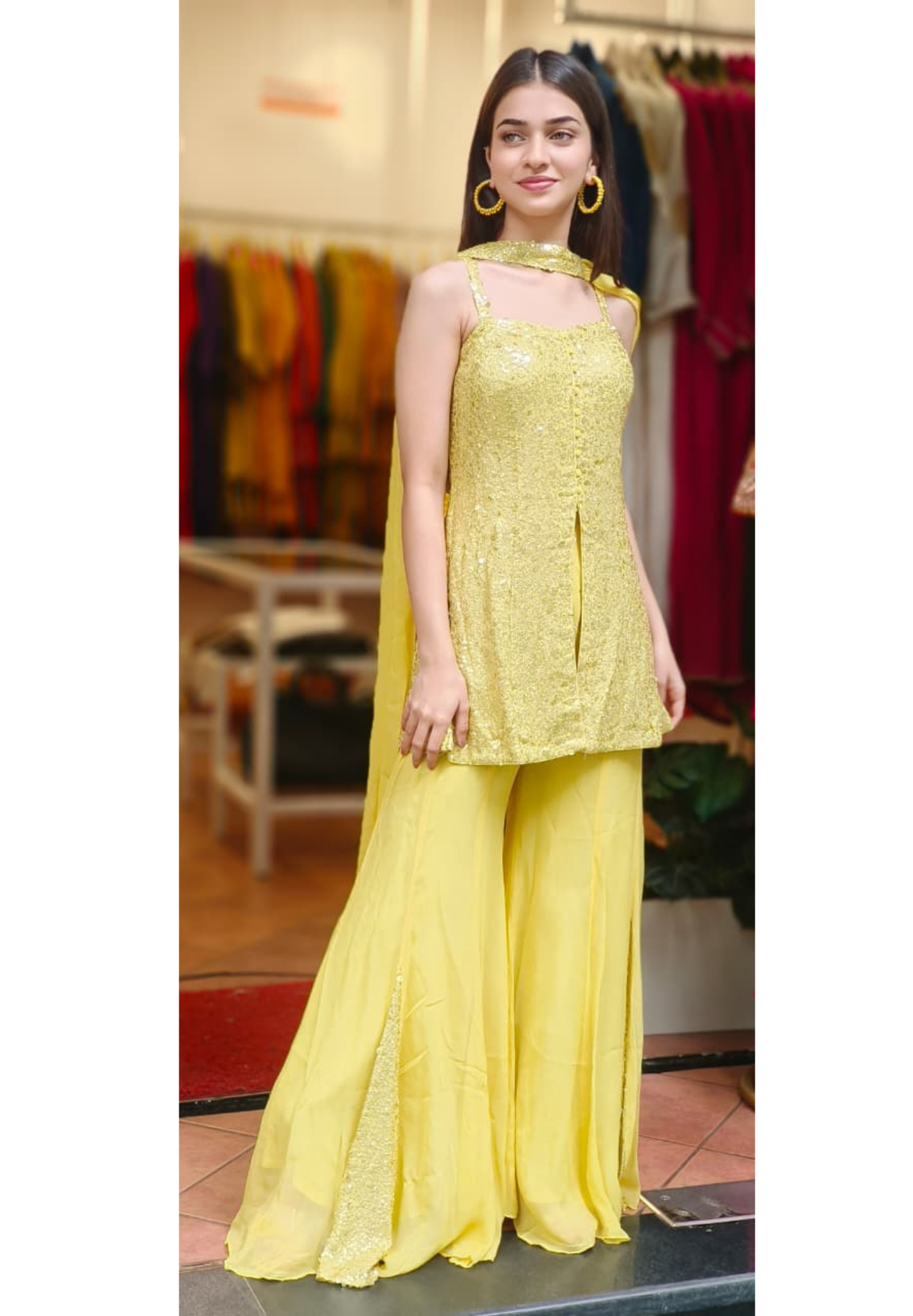 Sequin Work Sunshine Glow Sleeveless Short Kurta With Front Slit & Loose Palazzo Flared Bottom & Dupatta (DISPATCHING AFTER 25 DAYS ON ORDERS EXCEPT FOR 38 SIZE)