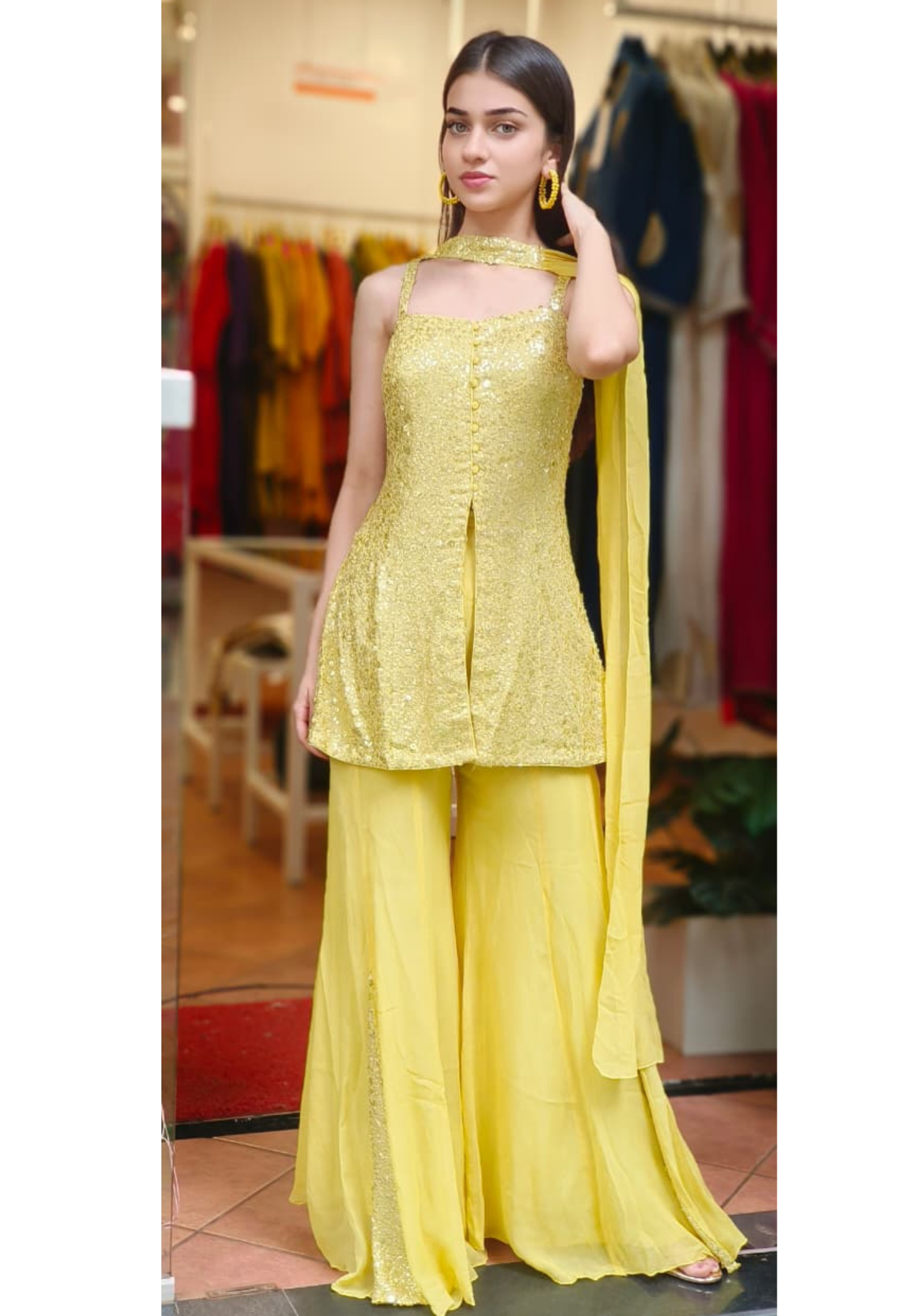Sequin Work Sunshine Glow Sleeveless Short Kurta With Front Slit & Loose Palazzo Flared Bottom & Dupatta (DISPATCHING AFTER 25 DAYS ON ORDERS EXCEPT FOR 38 SIZE)