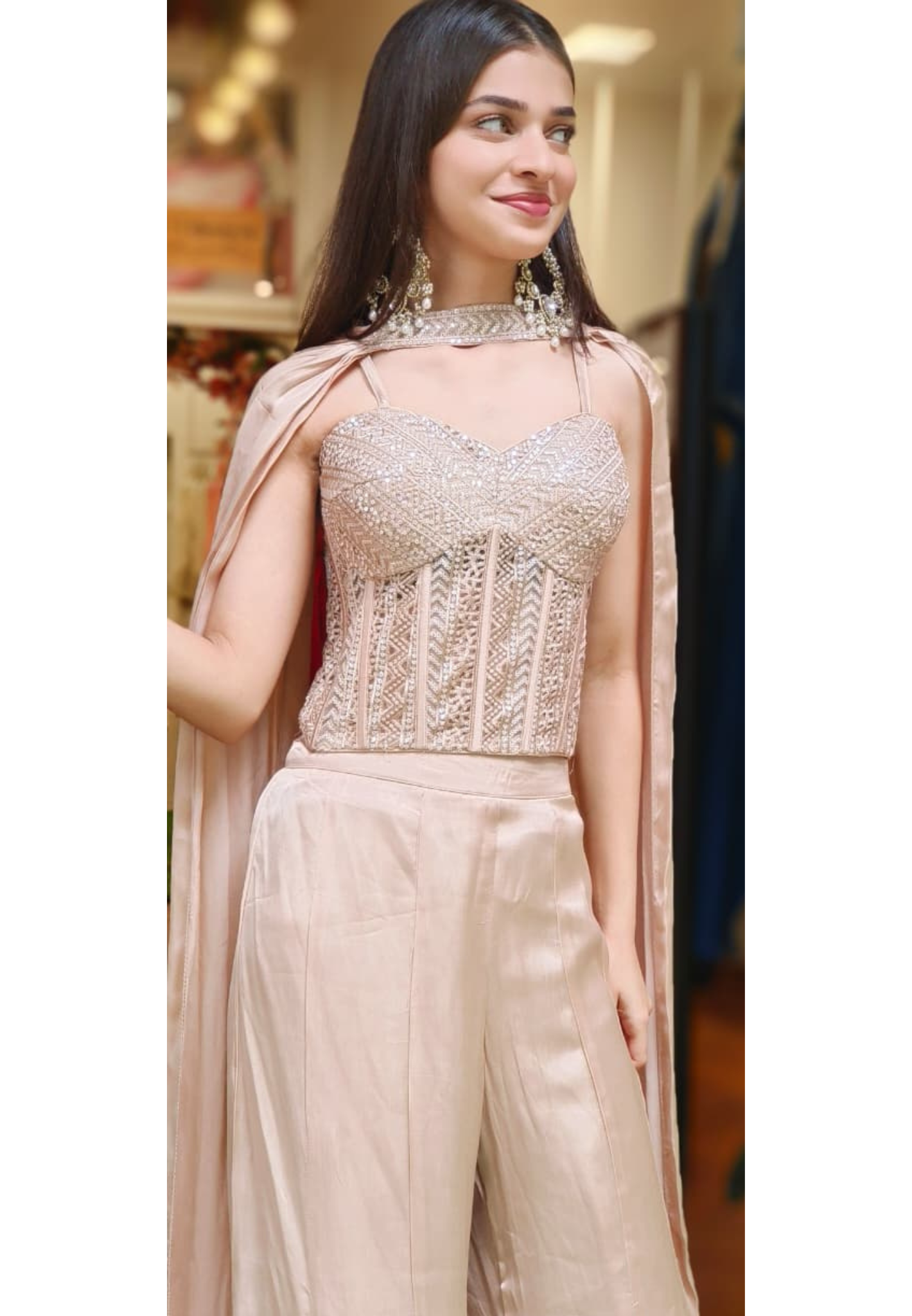 Ivory Gleam Nude Corset Sleeveless Top With Panel Loose Palazzo Bottom & Stylish Dupatta (DISPATCHING AFTER 25 DAYS ON ORDERS EXCEPT FOR 38 SIZE)