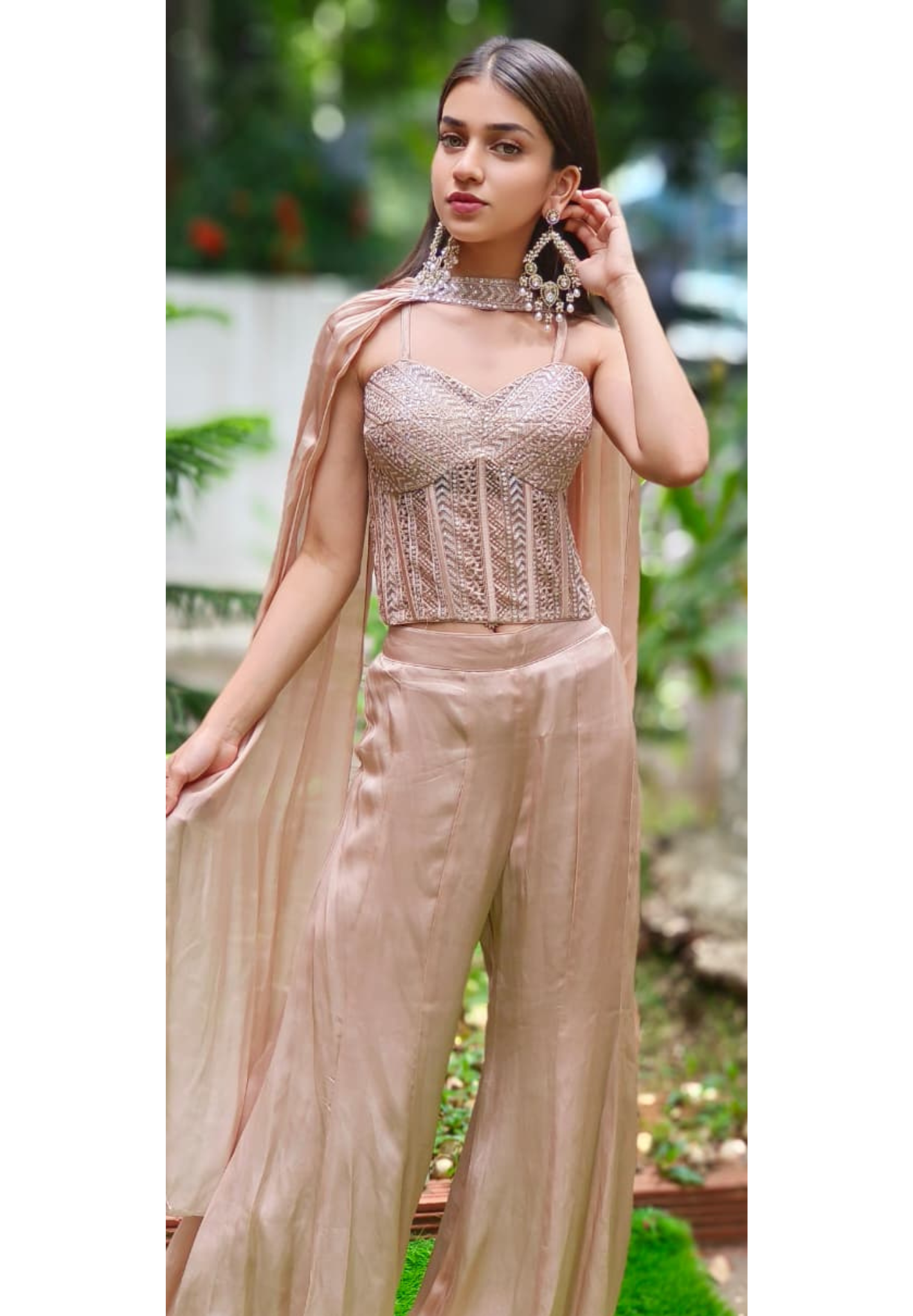 Ivory Gleam Nude Corset Sleeveless Top With Panel Loose Palazzo Bottom & Stylish Dupatta (DISPATCHING AFTER 25 DAYS ON ORDERS EXCEPT FOR 38 SIZE)