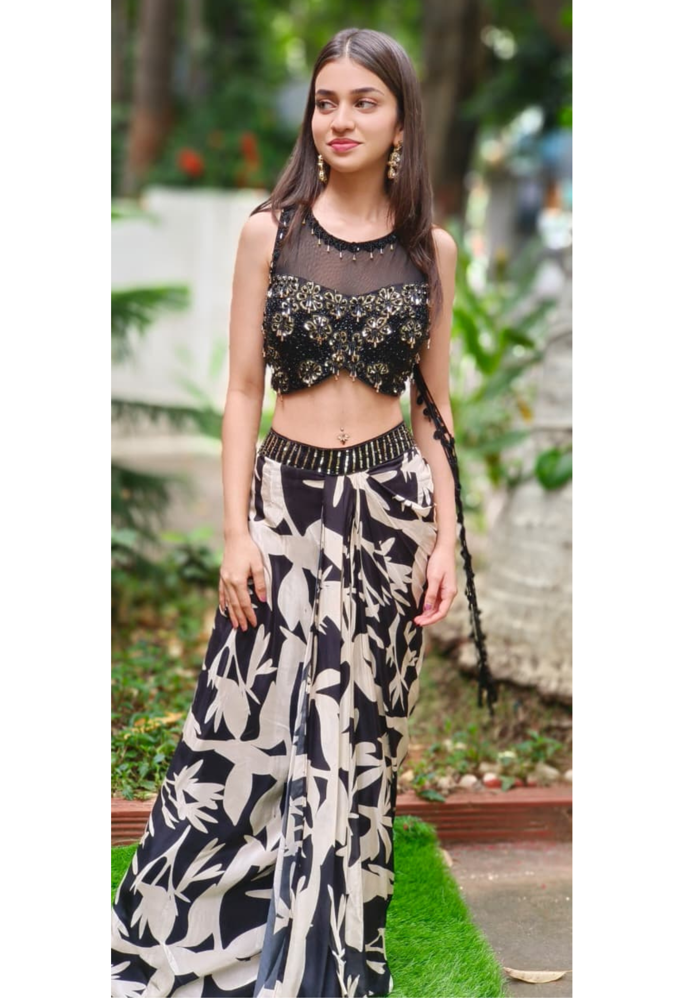 Dazzle Bloom Floral Cut-Dana Crystal Tassel Hang Crop-Top With Drape Skirt In Crepe Fabric (DISPATCHING AFTER 25 DAYS ON ORDERS EXCEPT FOR 38 SIZE)