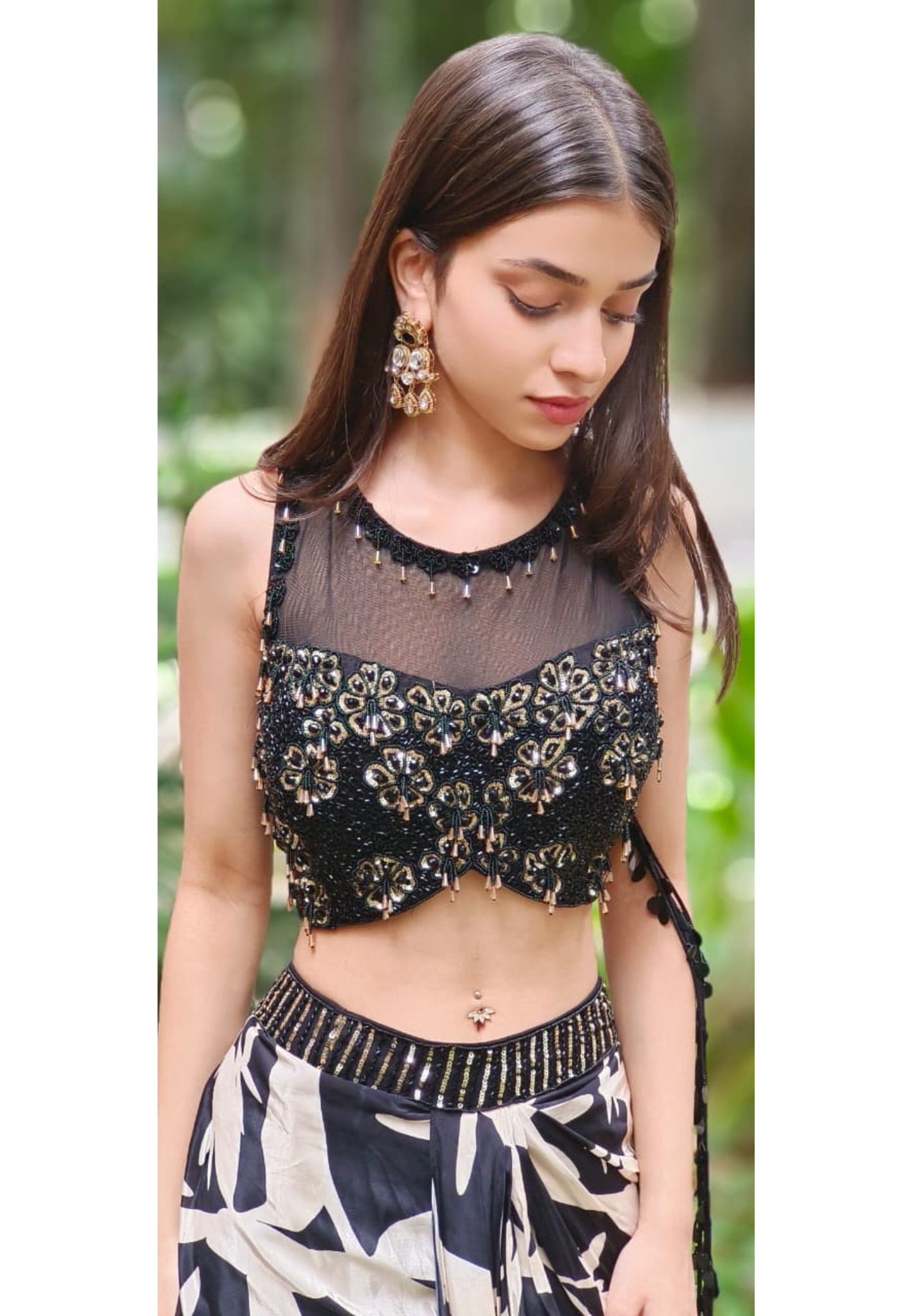Dazzle Bloom Floral Cut-Dana Crystal Tassel Hang Crop-Top With Drape Skirt In Crepe Fabric (DISPATCHING AFTER 25 DAYS ON ORDERS EXCEPT FOR 38 SIZE)