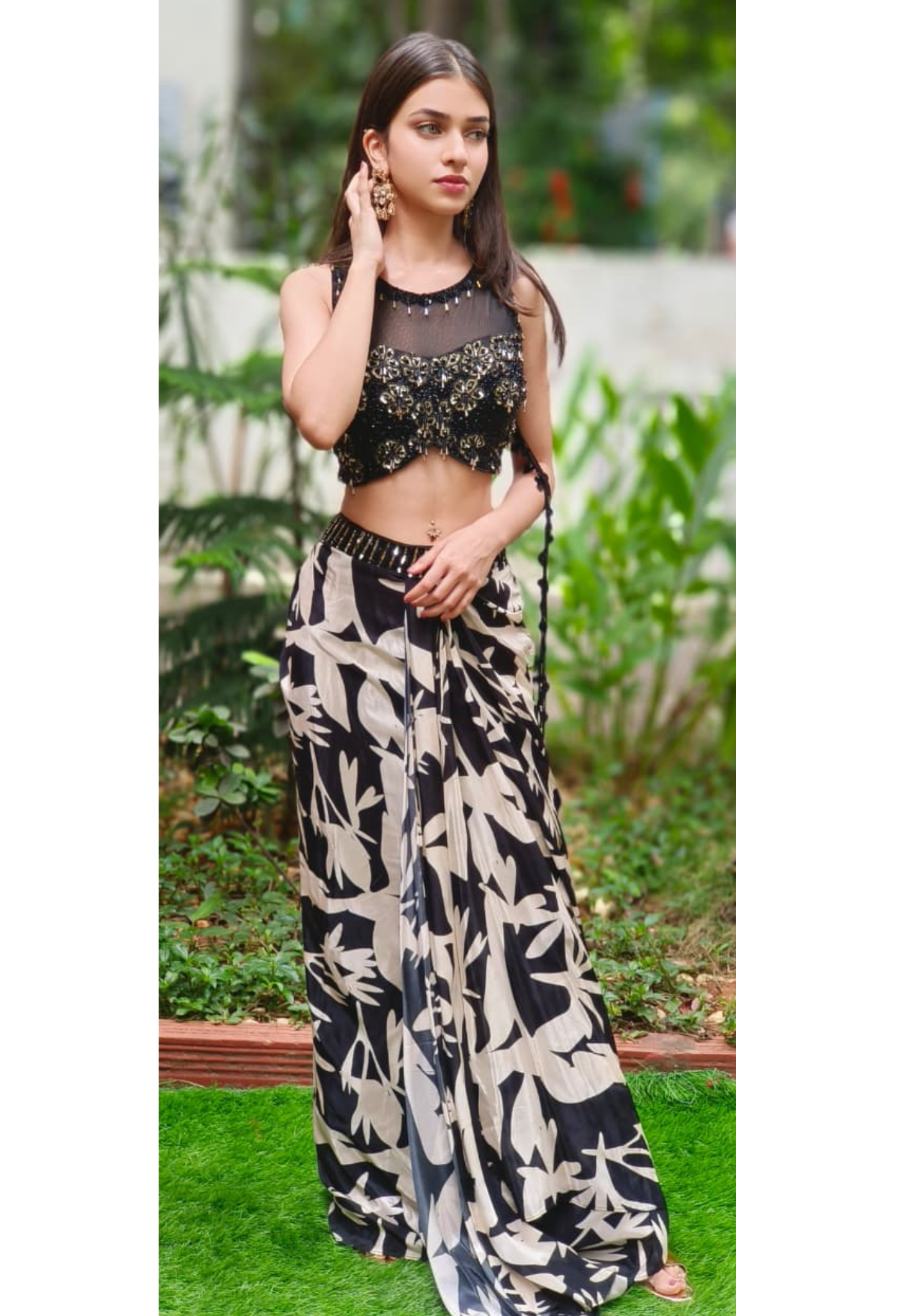 Dazzle Bloom Floral Cut-Dana Crystal Tassel Hang Crop-Top With Drape Skirt In Crepe Fabric (DISPATCHING AFTER 25 DAYS ON ORDERS EXCEPT FOR 38 SIZE)