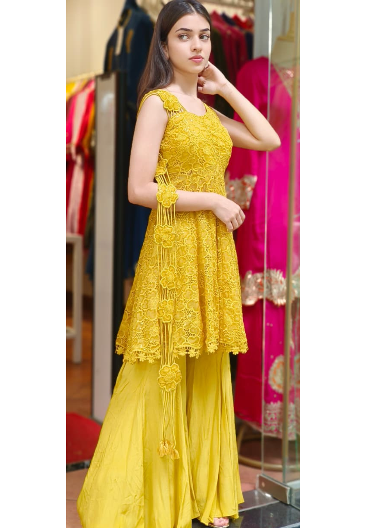 Lace Delight Ensemble Fully Embroidered Cutwork A-Line Short Kurta With Sharara Bottom (DISPATCHING AFTER 25 DAYS ON ORDERS EXCEPT FOR 38 SIZE)