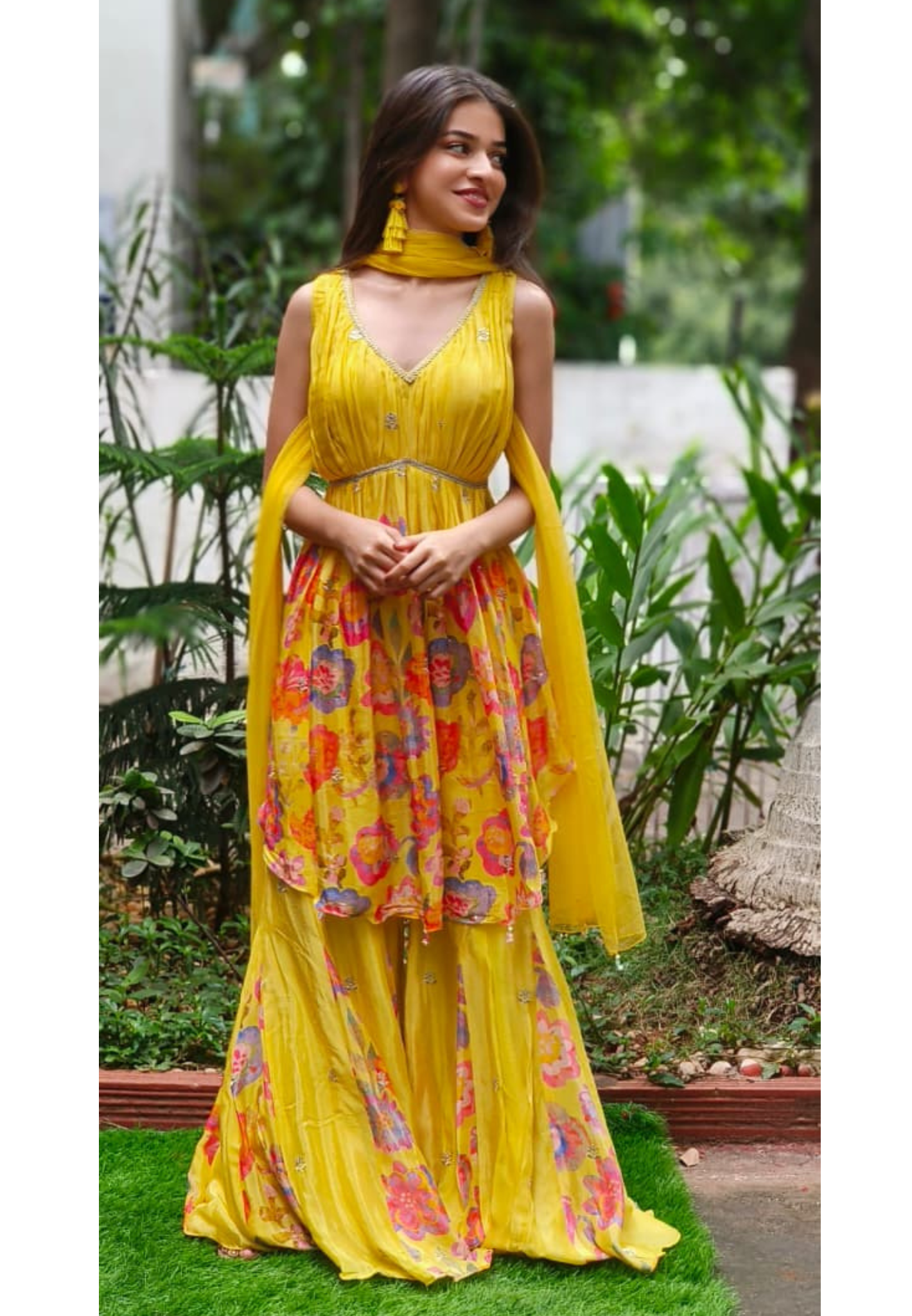 Very Flared Radiant Floral Grace Short Kurta With Sharara Bottom & Netted Dupatta (DISPATCHING AFTER 25 DAYS ON ORDERS EXCEPT FOR 38 SIZE)