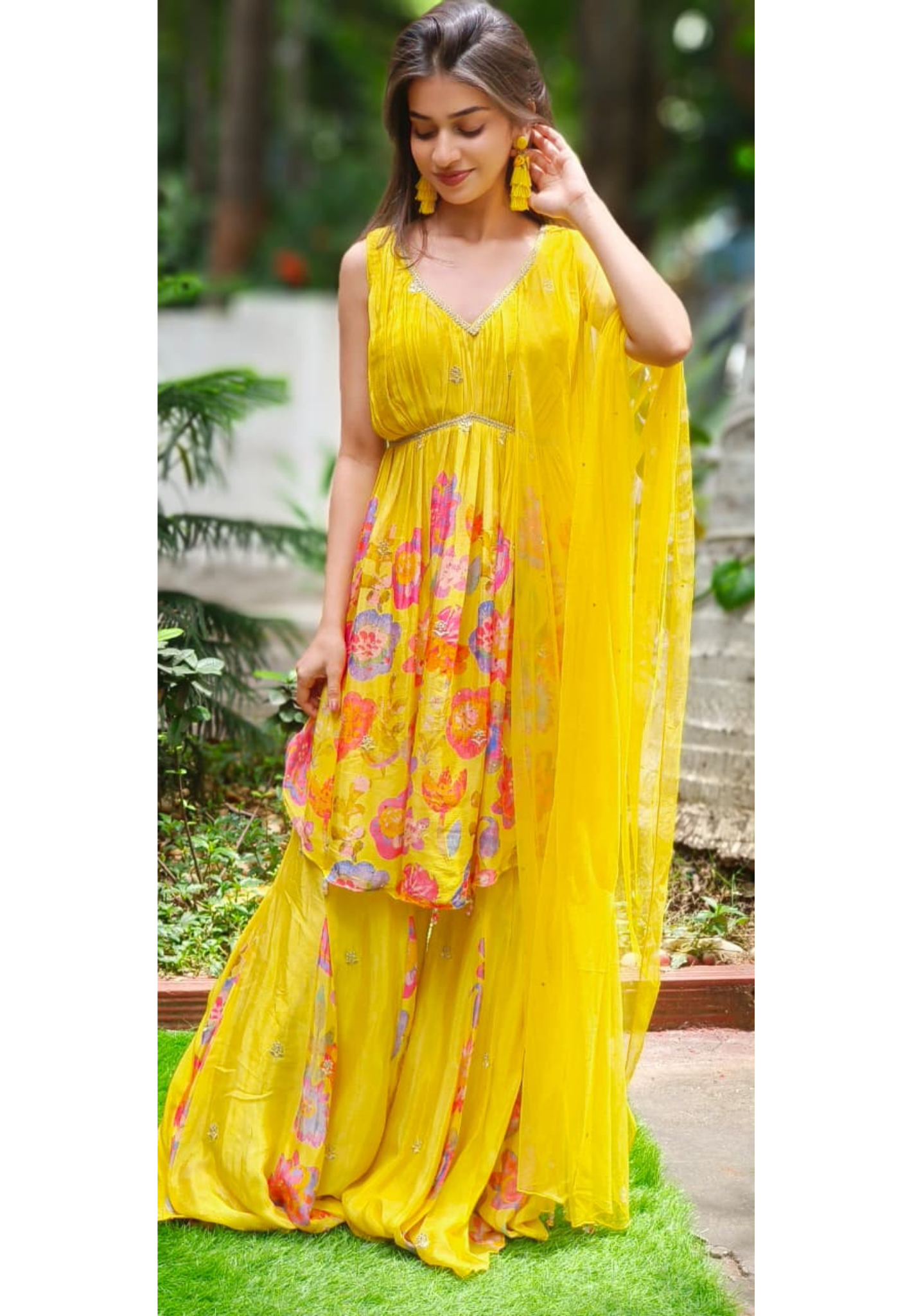 Very Flared Radiant Floral Grace Short Kurta With Sharara Bottom & Netted Dupatta (DISPATCHING AFTER 25 DAYS ON ORDERS EXCEPT FOR 38 SIZE)