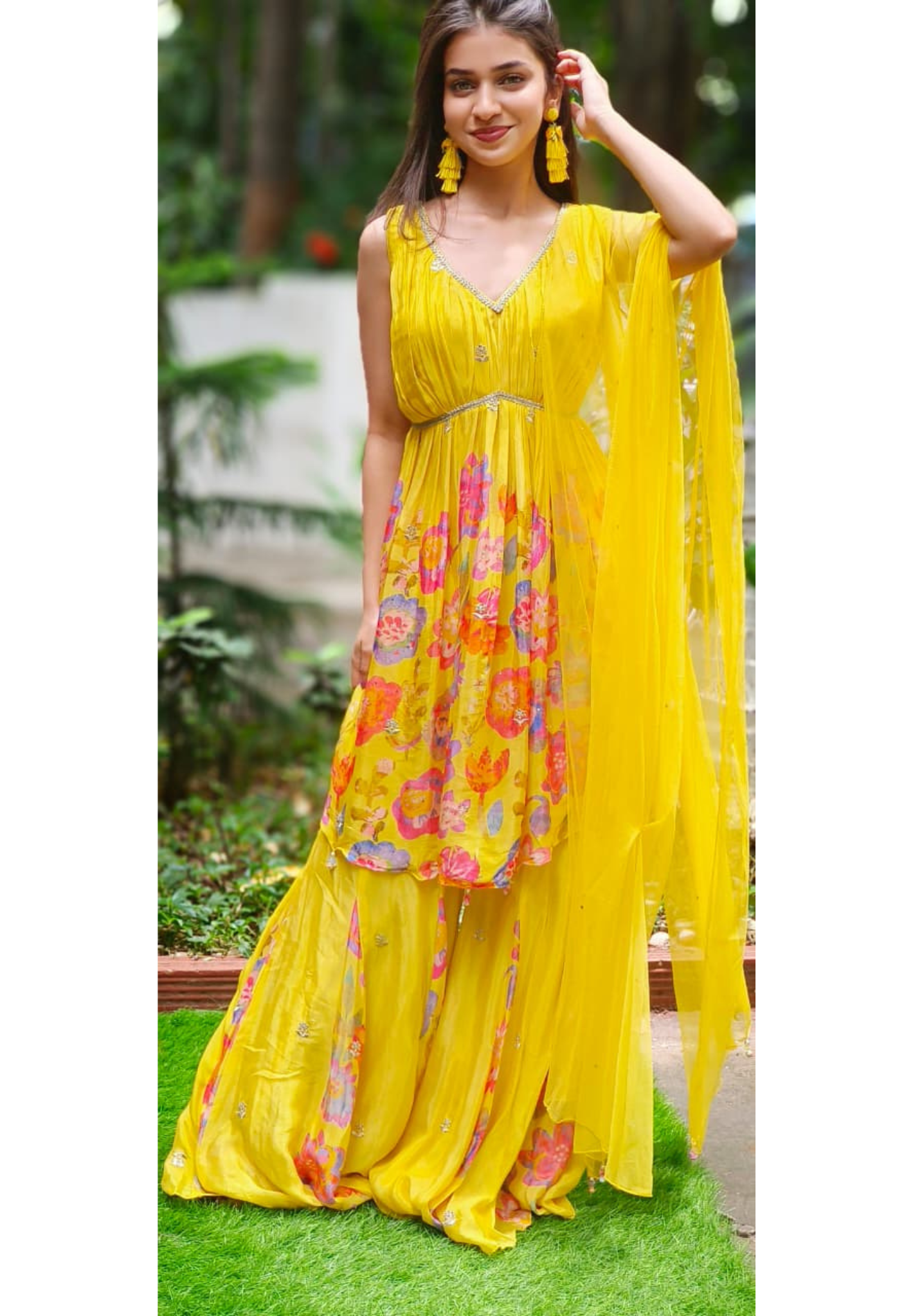Very Flared Radiant Floral Grace Short Kurta With Sharara Bottom & Netted Dupatta (DISPATCHING AFTER 25 DAYS ON ORDERS EXCEPT FOR 38 SIZE)
