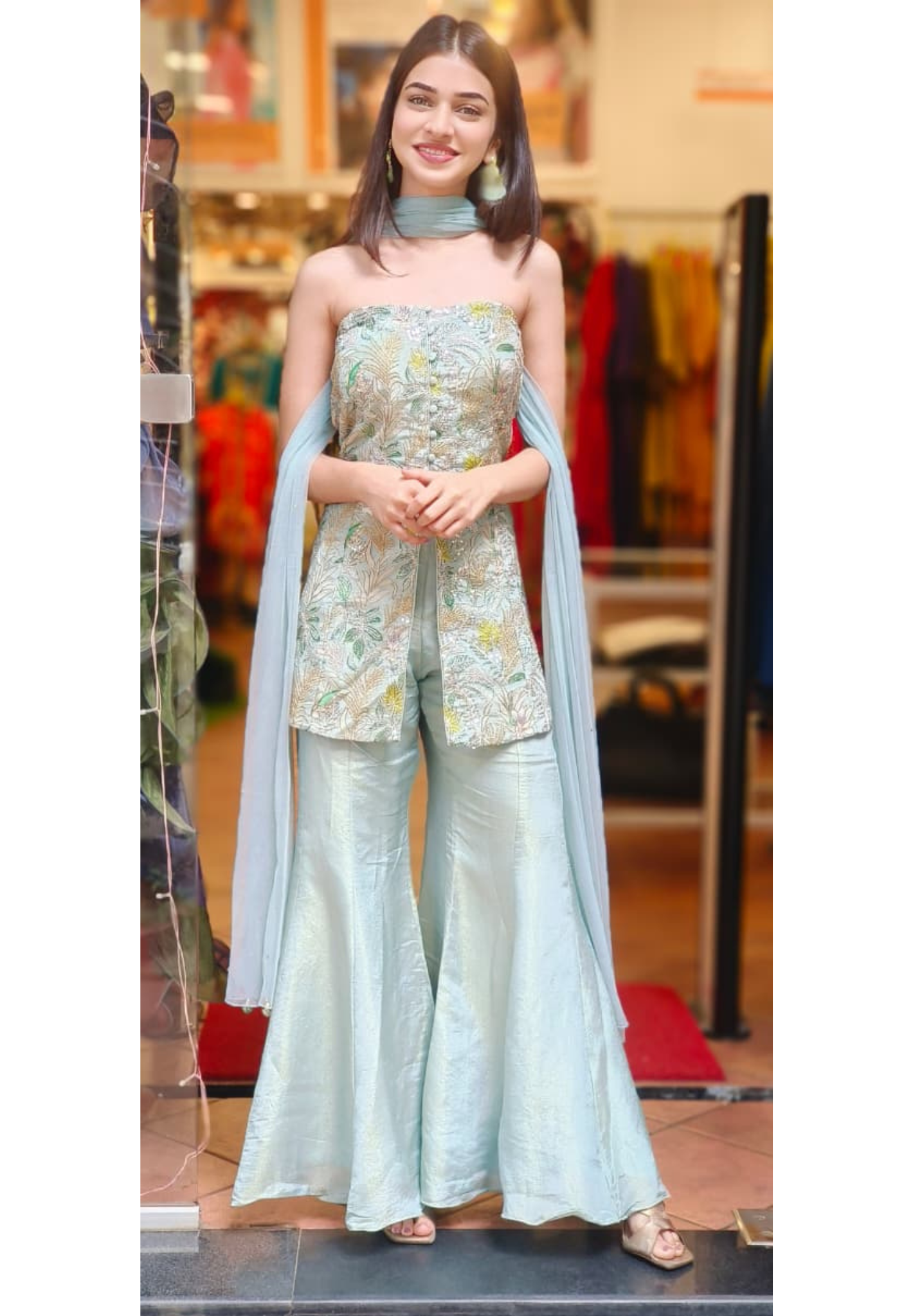 Pearl Shine Palazzo Ensemble Thread Embroidered Front Slit Sleeveless Kurta With Tapered Palazzo Bottom In Tissue Fabric (DISPATCHING AFTER 25 DAYS ON ORDERS EXCEPT FOR 38 SIZE)
