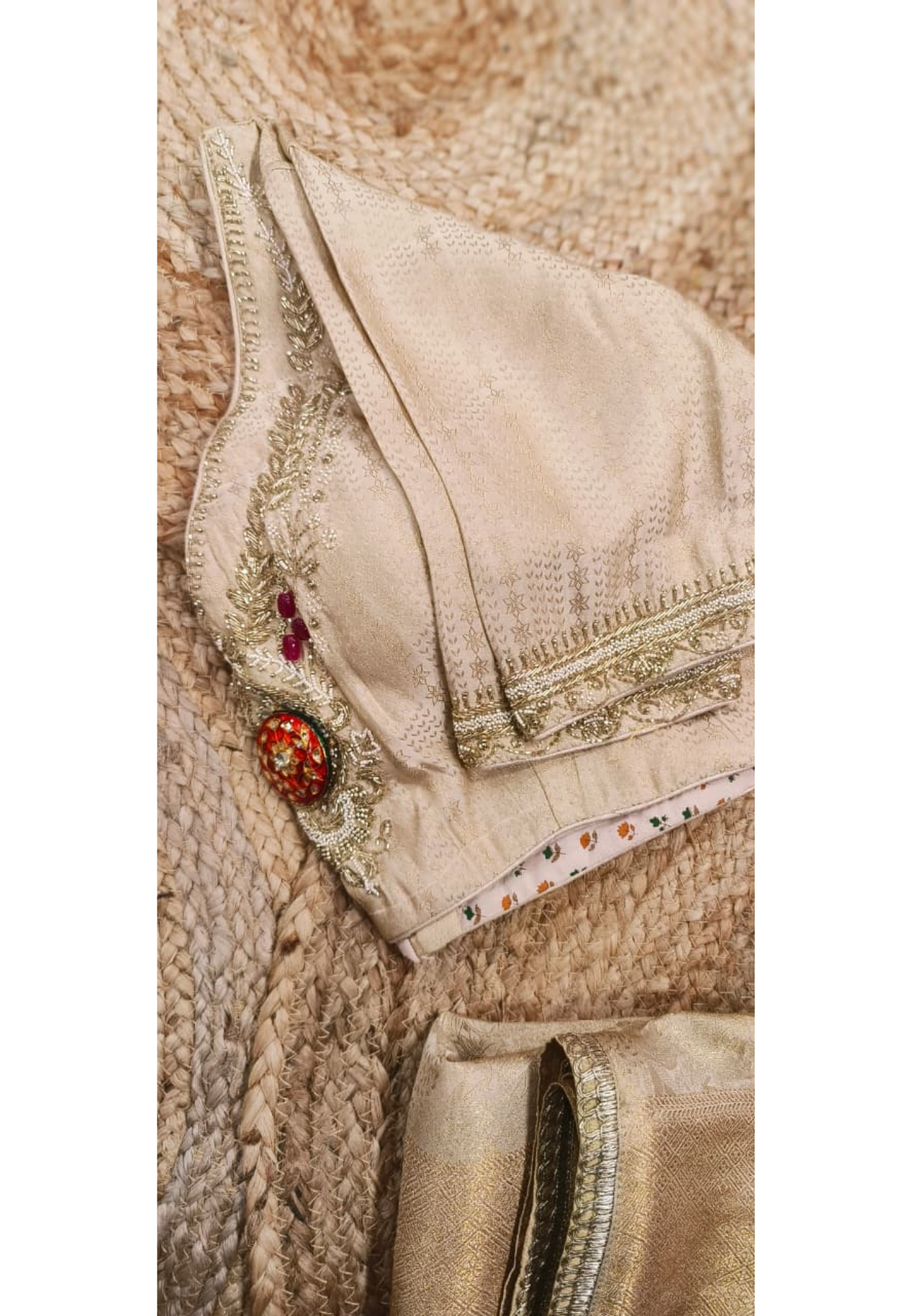 Hand Embroidery With Rajasthani Look Jewelry Work Blouse Ready To Wear Designer Saree In Silk Brocade Fabric