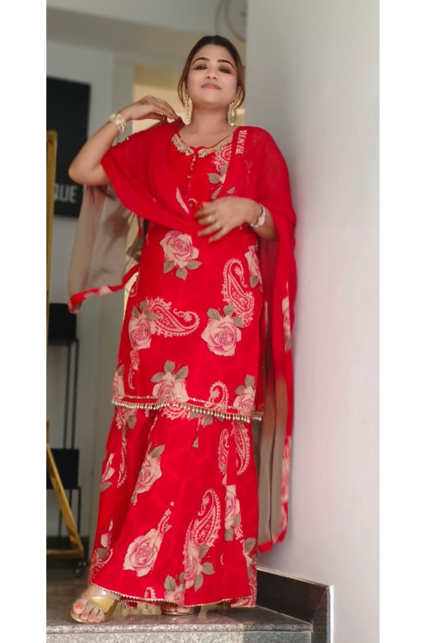 Flower Printed Hand Work sleevless kurta With sharara Set With Chiffon dupatta  -011523,24,25,26