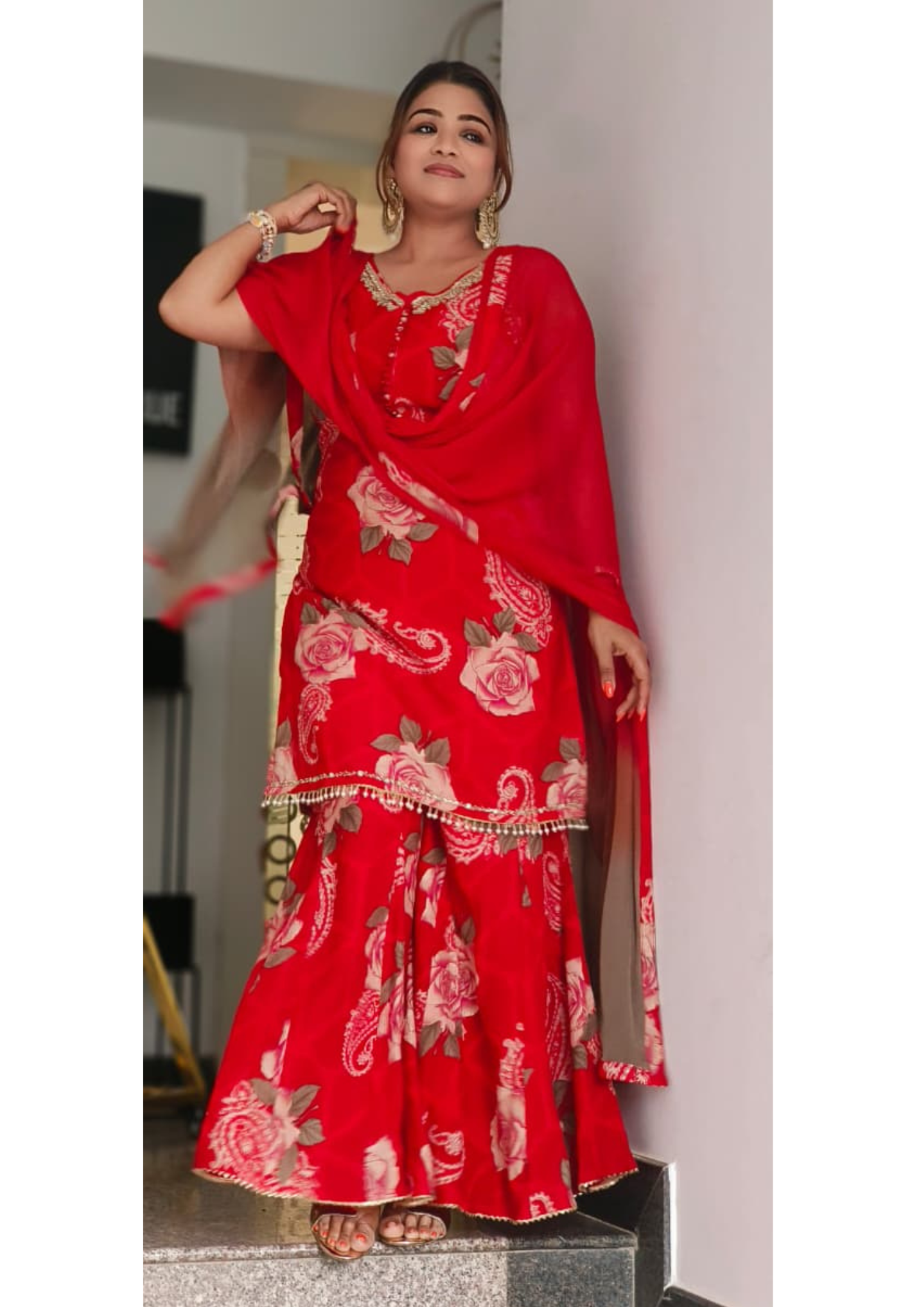 Flower Printed Hand Work sleevless kurta With sharara Set With Chiffon dupatta  -011523,24,25,26