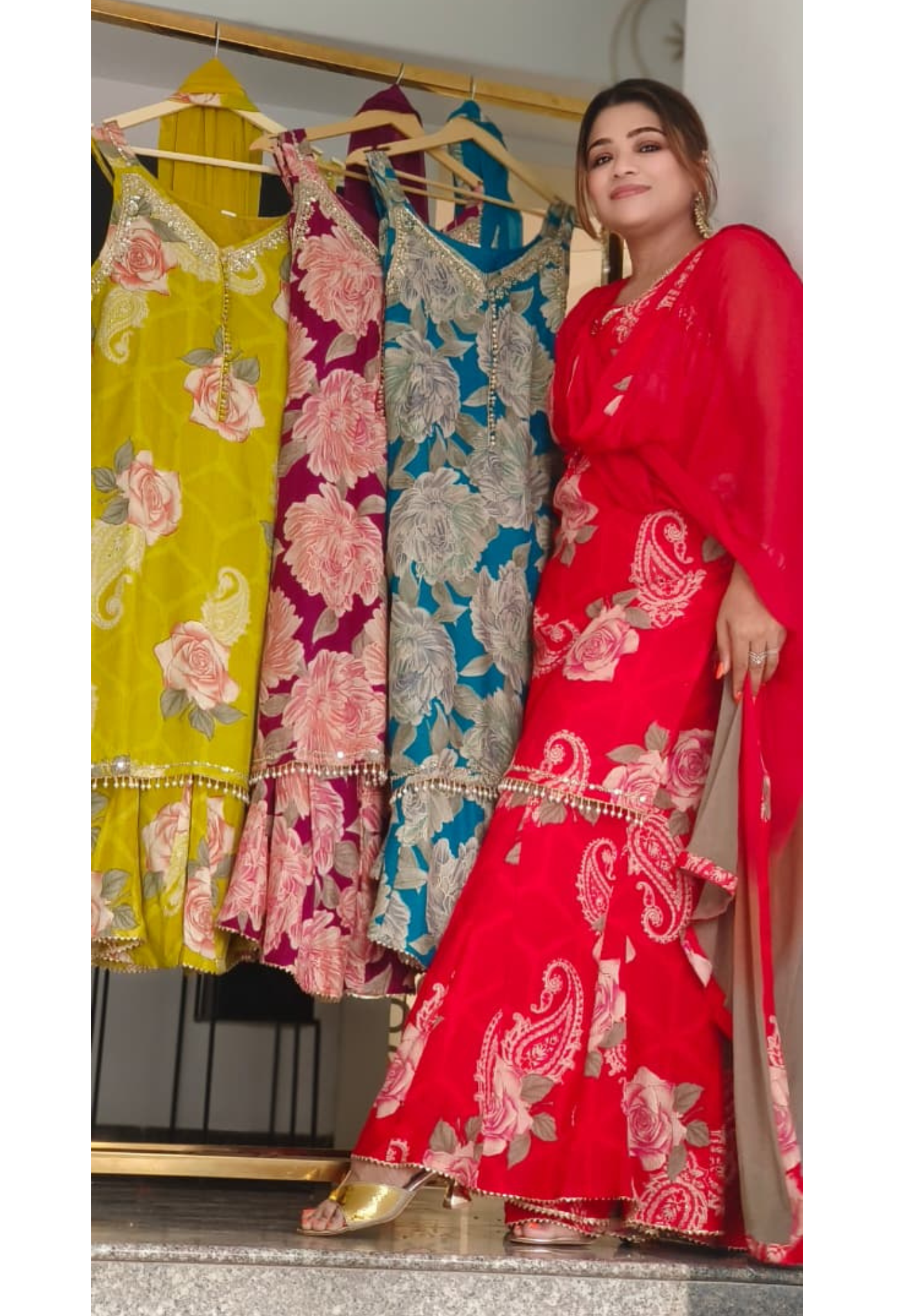 Flower Printed Hand Work sleevless kurta With sharara Set With Chiffon dupatta  -011523,24,25,26