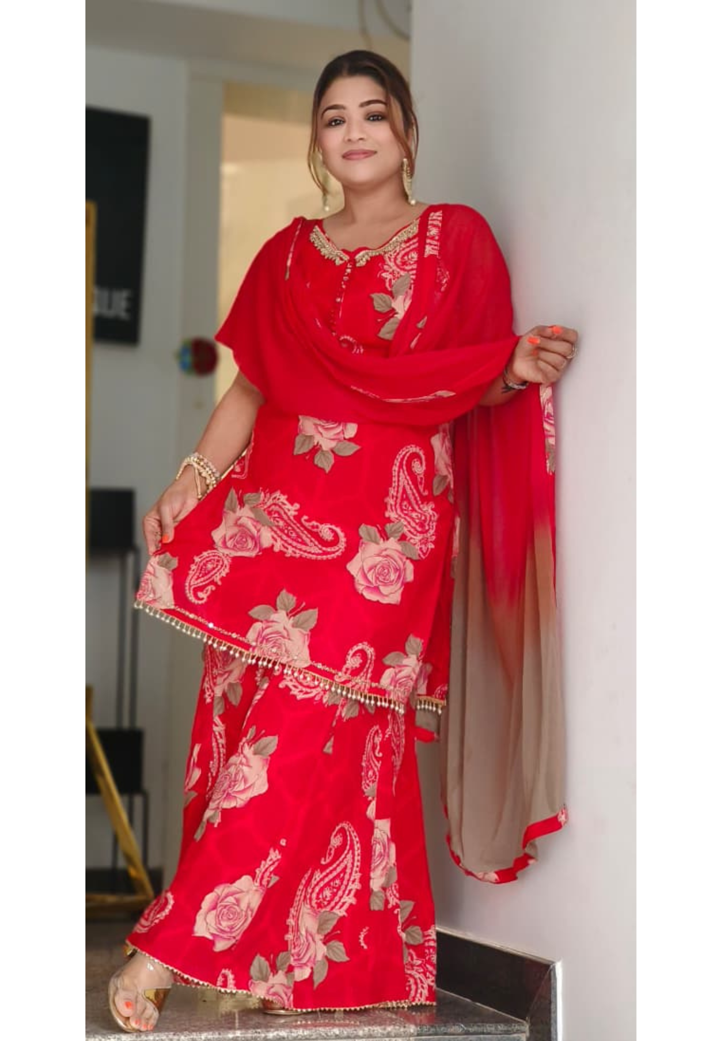Flower Printed Hand Work sleevless kurta With sharara Set With Chiffon dupatta  -011523,24,25,26