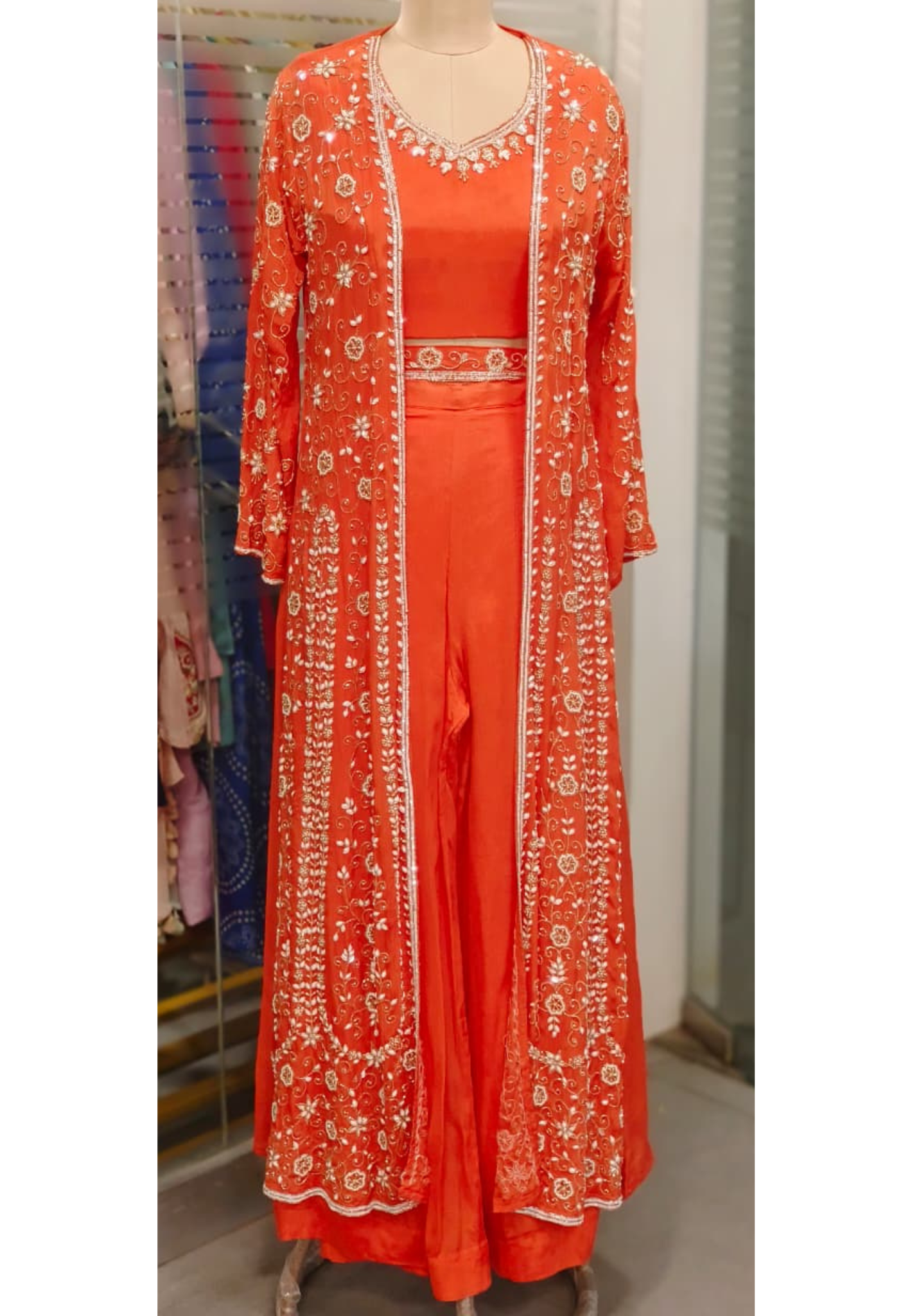 Heavily Hand Worked Cut Dana Shrug With Crop-Top & Loose Palazzo Bottom & Separate Belt In Chinon Fabric- 11548
