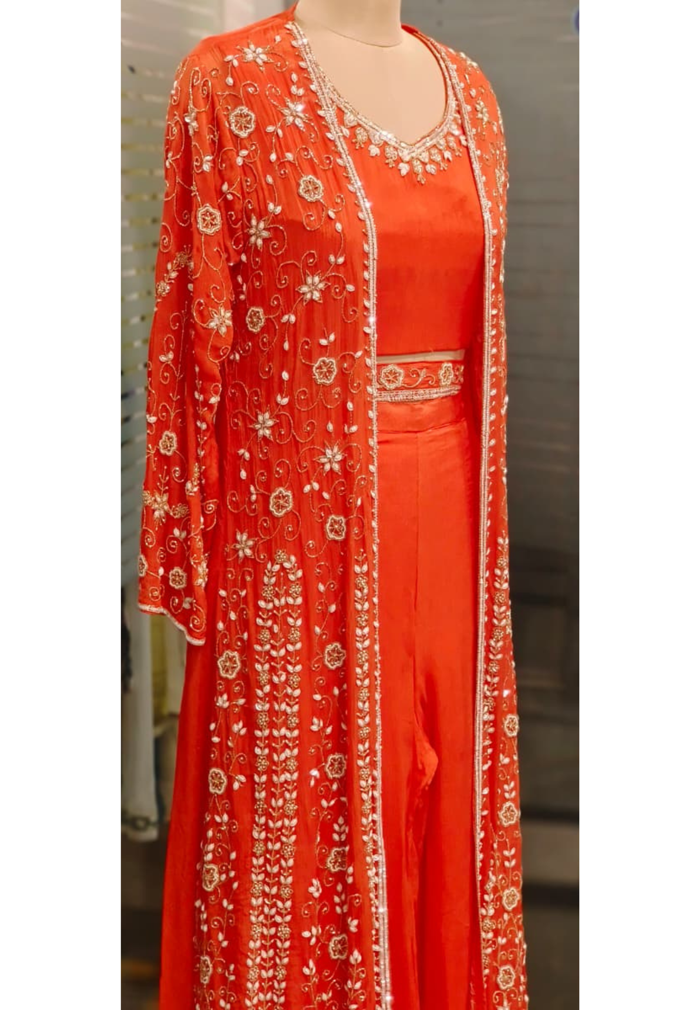 Heavily Hand Worked Cut Dana Shrug With Crop-Top & Loose Palazzo Bottom & Separate Belt In Chinon Fabric- 11548