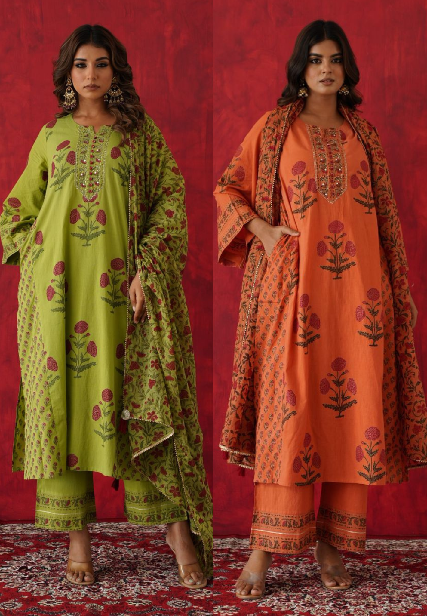 Placement Floral Print Minimal Neck Work Straight Full Suit Set With Dupatta In Cotton Fabric