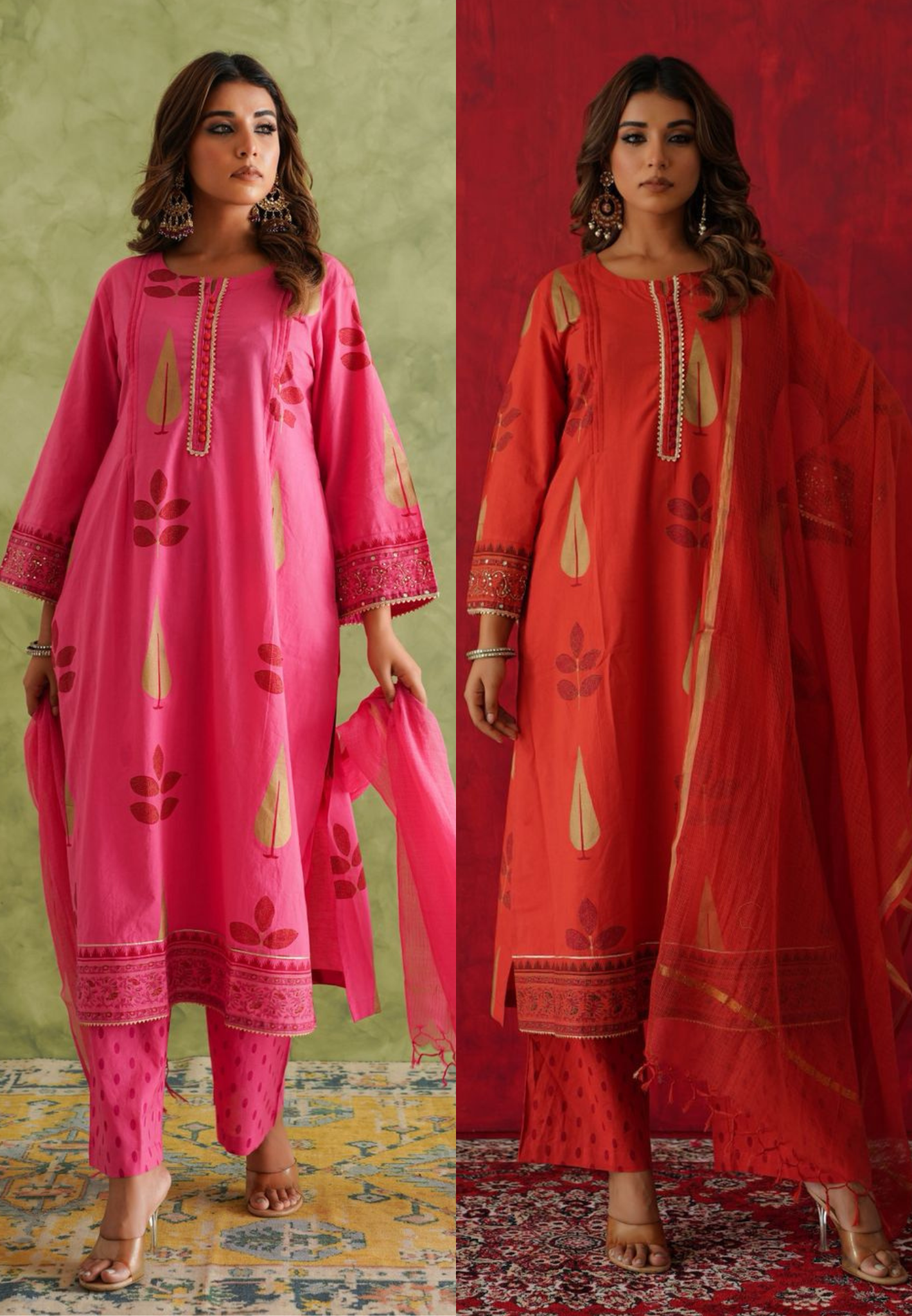 Mirror & Lace Bordered Sleeve Printed Full Suit Set With Dupatta In Cotton Fabric-11530